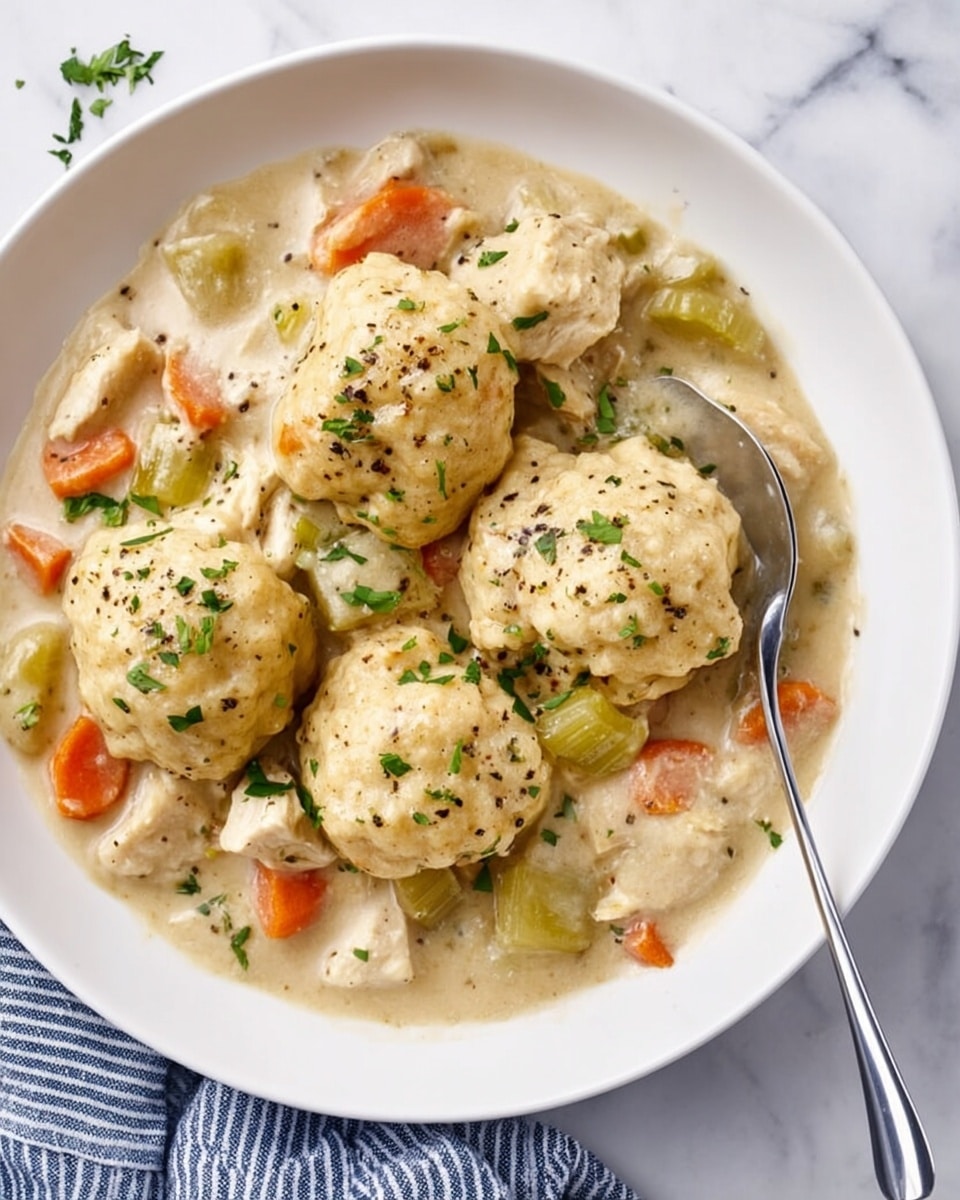 A white plate filled with a creamy chicken and vegetable stew base, showing chunks of light beige chicken, bright orange carrot pieces, and translucent green celery mixed in a thick pale sauce. On top of the stew, five golden biscuit dumplings are placed, each with a textured, slightly rough surface and sprinkled with green herbs and black pepper. A silver spoon rests on the right side of the plate, partly submerged in the stew. The plate is set on a white marbled surface with a striped blue and white cloth visible on the left side. Photo taken with an iphone --ar 4:5 --v 7