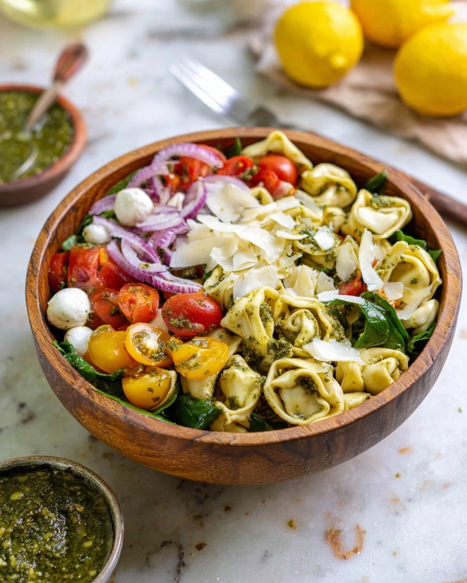 A wooden bowl filled with three main layers: at the bottom is cooked tortellini pasta coated in green pesto sauce; the middle layer has red and yellow halved cherry tomatoes and wilted green spinach leaves; the top layer shows small white mozzarella balls, thin pale purple red onion slices, and white shaved cheese pieces scattered around. The bowl is placed on a white marbled surface with a small bowl of green pesto nearby and partially blurred lemons and a metal fork in the background. The colors are bright and fresh. photo taken with an iphone --ar 4:5 --v 7