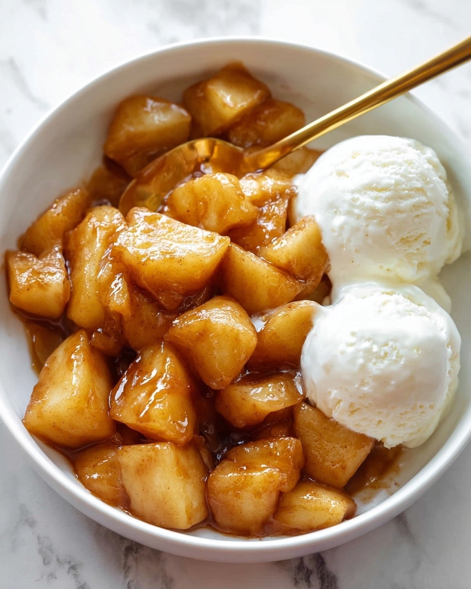The image shows a white bowl filled with golden brown caramelized apple pieces that are shiny and coated in cinnamon sauce. On the right side, there are two scoops of smooth white vanilla ice cream. A golden spoon is placed partially inside the ice cream, resting on the apple pieces. The bowl sits on a white marbled surface. photo taken with an iphone --ar 4:5 --v 7