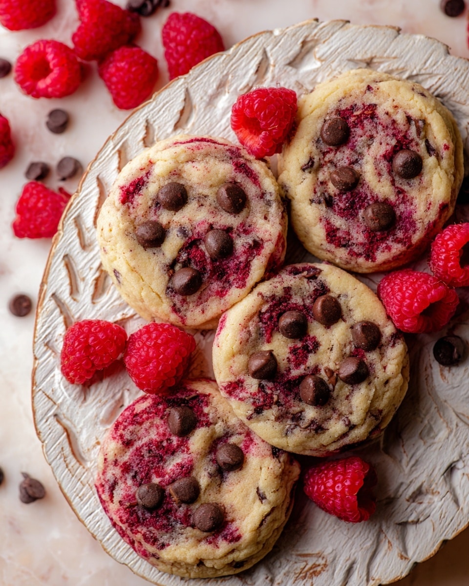 The image shows four cookies on a white carved wooden plate placed on a white marbled surface. The cookies have a light beige color mixed with deep red raspberry swirls throughout, giving them a marbled texture. Each cookie is dotted with scattered dark brown chocolate chips on the top surface. Fresh bright red raspberries are placed both on the plate and around the cookies, adding vibrant pops of color. There are also some loose chocolate chips scattered near the plate on the marbled surface. The overall look is warm and inviting, focusing on the contrast of red, beige, and dark brown colors. photo taken with an iphone --ar 4:5 --v 7