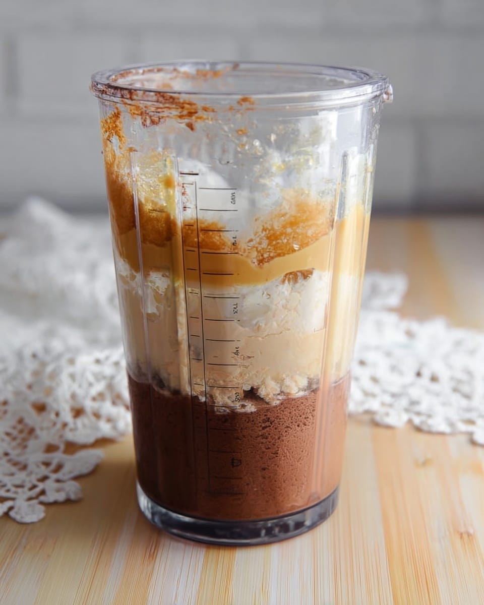 The image shows a clear blender cup filled with layers of ingredients arranged vertically. At the bottom, there is a dark brown powder layer. Above it is a thick beige or light brown liquid layer. Near the top, there are light frothy or foamy white parts mixed with some golden syrupy liquid. The blender cup is on a light wooden surface with a white marbled texture and a crocheted white lace cloth in the background. The cup has clear measurement lines and a transparent lid with some brown powder residue on the edges. photo taken with an iphone --ar 4:5 --v 7