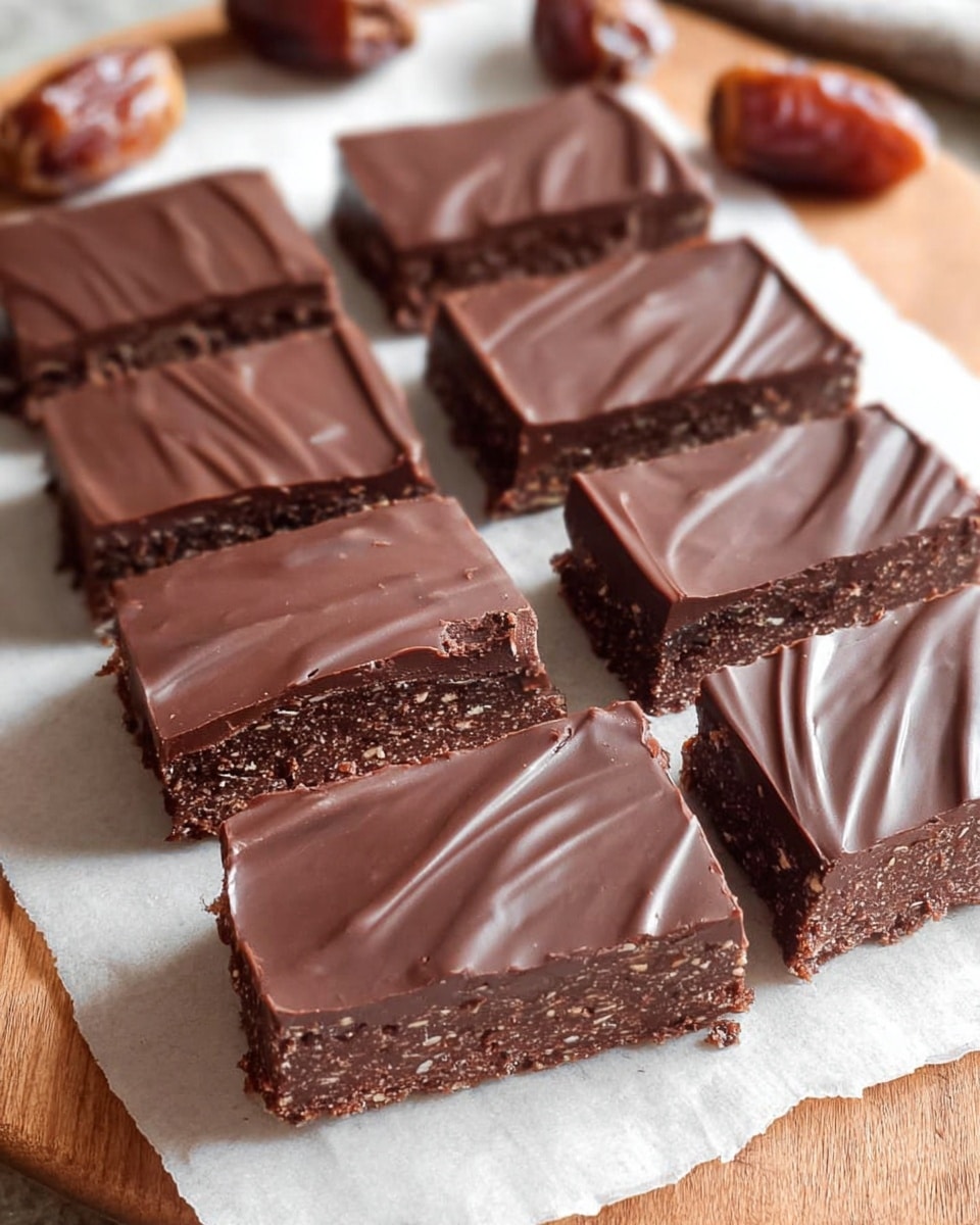 Eight rectangular pieces of chocolate bars are arranged in two rows on a white paper over a wooden surface, showing two thick layers: the bottom layer is a rough dark brown chocolate base with small bits and texture, and the top layer is a smooth, shiny darker chocolate coating with slight swirls on the surface. In the background, a few whole dates lie scattered. The overall scene has a warm, homemade feel with soft natural light. Photo taken with an iphone --ar 4:5 --v 7