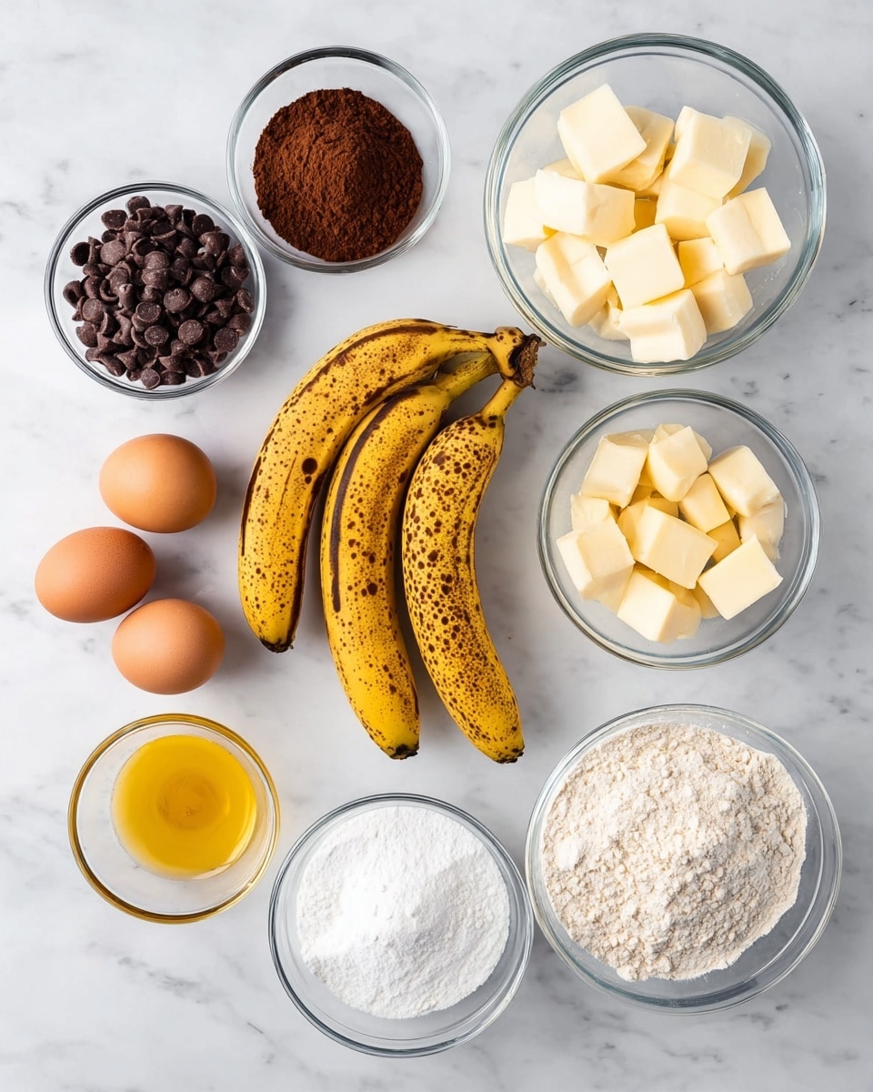 The image shows various ingredients placed on a white marbled surface, arranged neatly in clear glass bowls and white bowls. There are two ripe bananas with brown spots positioned in the center. To the left, there is a small white bowl filled with dark chocolate chips and a small glass bowl with cocoa powder above them. On the right side, there is a large glass bowl full of white sugar, a medium glass bowl with three cubes of pale butter, and a smaller glass bowl with light brown sugar. Above the bananas, three brown eggs are laid out next to a small glass bowl holding a golden yellow liquid, likely vanilla. Below the brown sugar, there is a medium glass bowl containing white flour, and next to it is a tiny glass bowl with a white powder, likely baking soda or baking powder. photo taken with an iphone --ar 4:5 --v 7