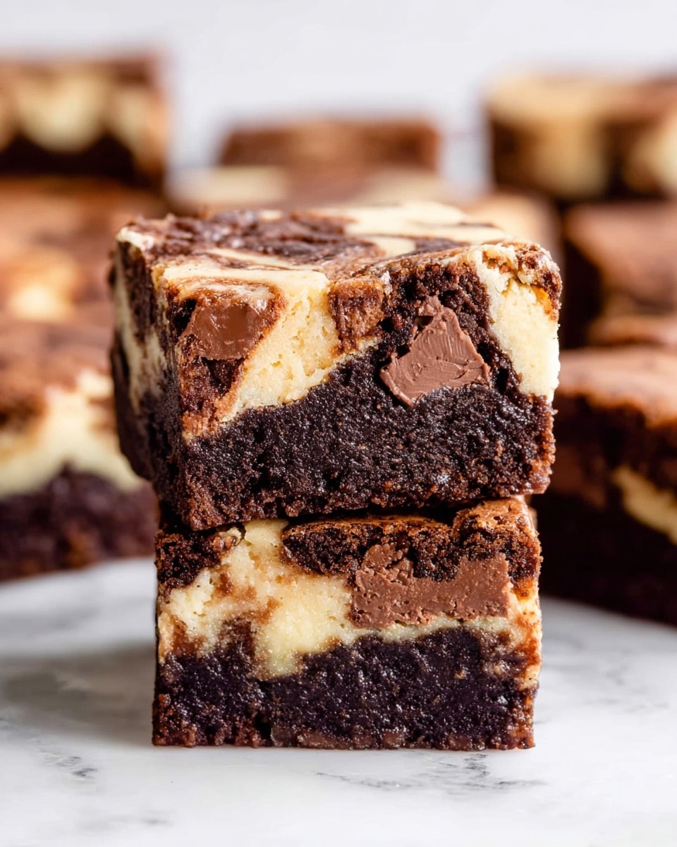 The image shows a close-up of two stacked square brownie pieces with a marbled pattern. Each brownie has two visible layers: a dark brown chocolate layer with chunks, and a light cream-colored layer swirled throughout. The texture of the brownies looks dense and moist with a slightly shiny top. Several more similar brownies are blurred in the background on a white marbled surface. photo taken with an iphone --ar 4:5 --v 7