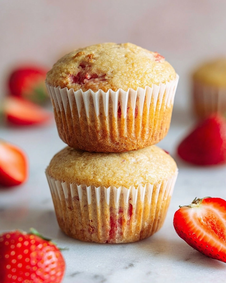 The image shows two strawberry muffins stacked on top of each other on a white marbled surface. Each muffin is wrapped in white paper cups with visible bits of red strawberry pieces inside the golden-brown textured muffin. Surrounding the muffins are whole and sliced strawberries adding a fresh red accent to the scene. The lighting highlights the soft, moist texture of the muffins, and the focus is on the stacked pair with a blurred background. photo taken with an iphone --ar 4:5 --v 7