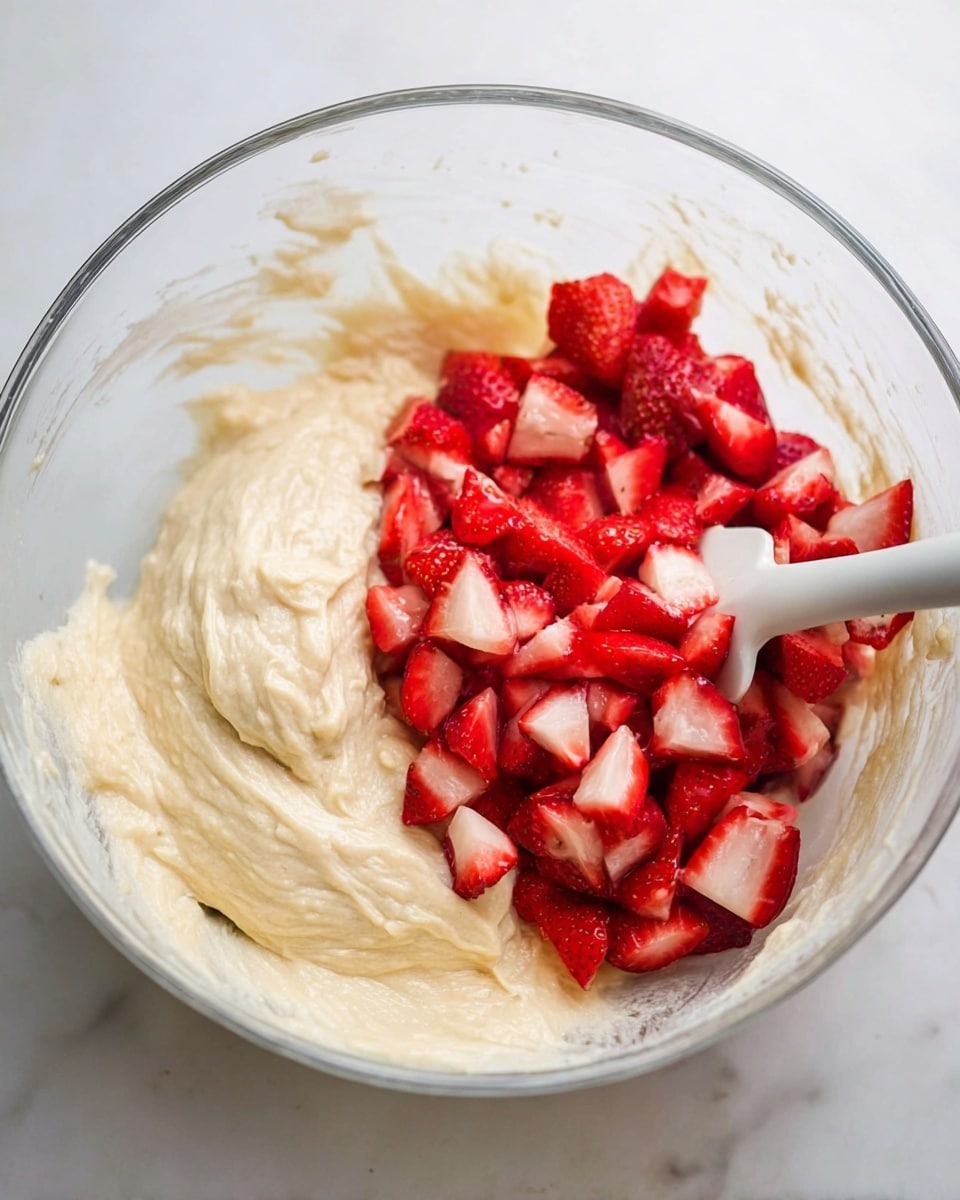 A clear glass mixing bowl sits on a white marbled surface, filled halfway with creamy light beige batter that has a thick, smooth texture. Fresh, bright red diced strawberries with white centers are piled on the left side of the batter inside the bowl. A white spatula with a black handle is partially submerged on the right side, stirring the batter gently. The scene is well-lit, showing the contrast between the pale batter and vibrant strawberries. photo taken with an iphone --ar 4:5 --v 7
