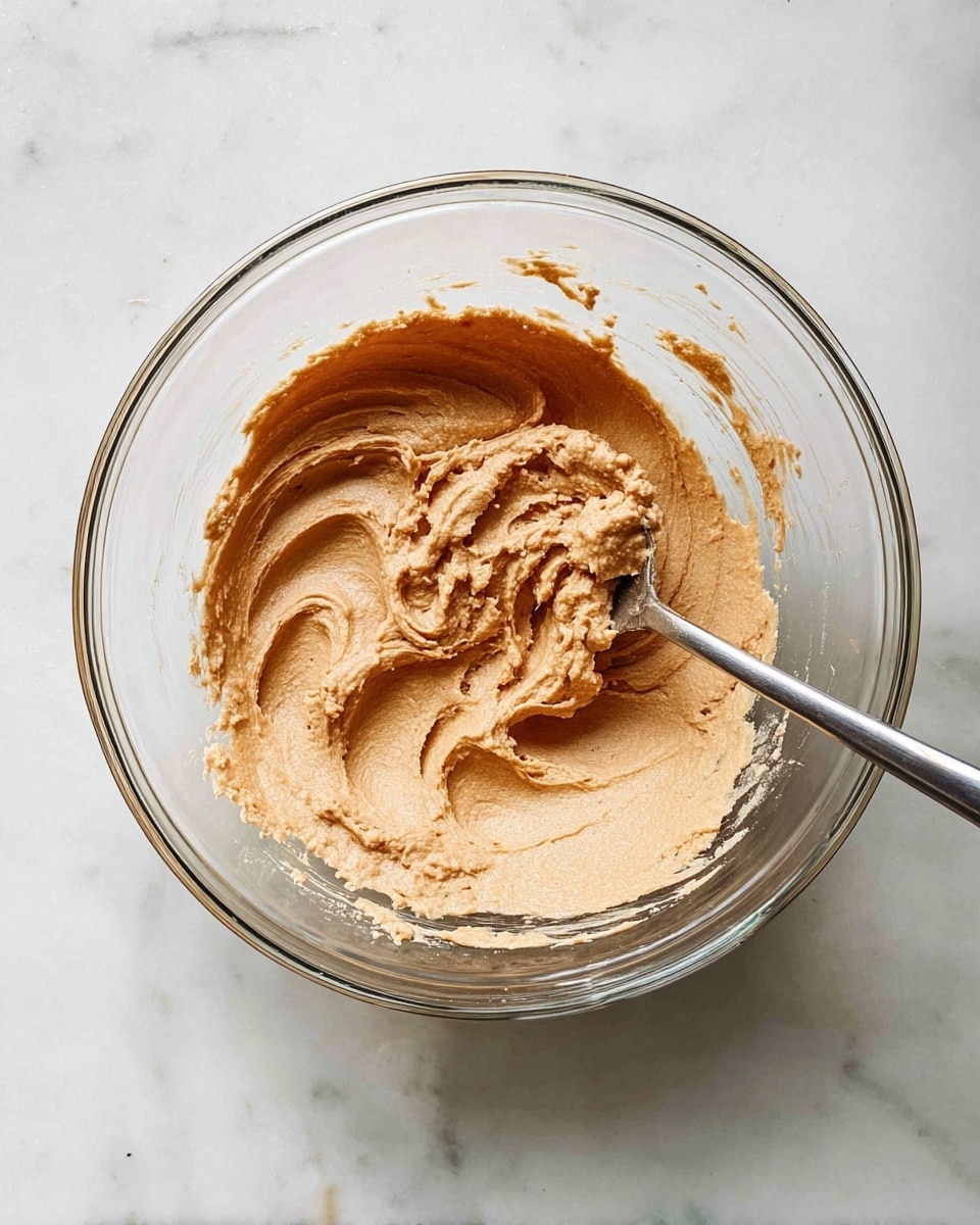 A clear glass bowl sits on a white marbled surface, filled with a thick, light brown, creamy mixture that is smooth with some slight texture. The mixture spreads evenly inside the bowl with swirls shaped by a metal spoon that rests partially submerged on the right side, its handle extending out of the bowl. The mixture clings lightly to the sides of the bowl with a few smears visible around the rim. Photo taken with an iphone --ar 4:5 --v 7