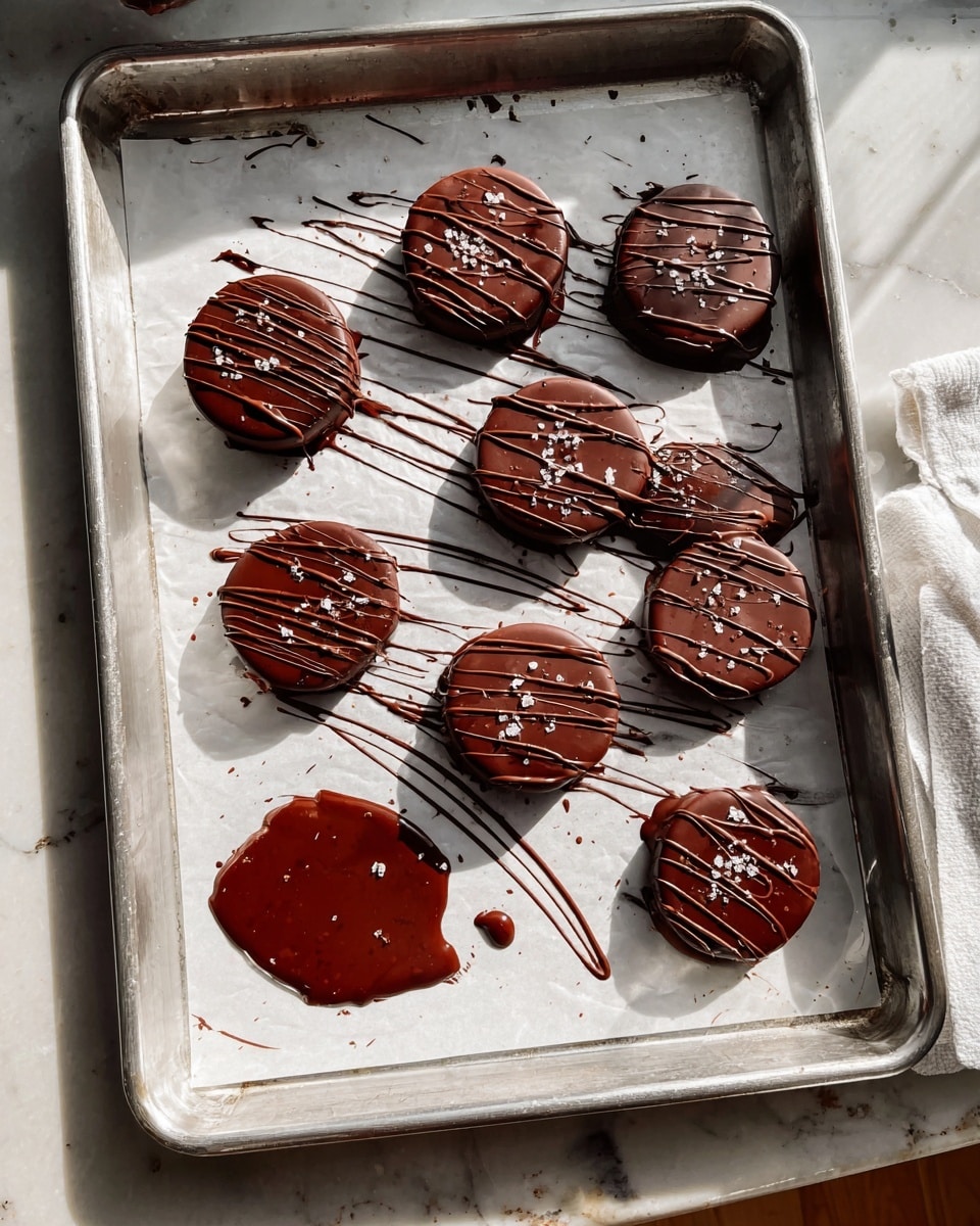 A metal baking tray with a white paper liner holds nine round chocolate-covered treats, each with a smooth, glossy brown chocolate coating. The treats have a generous drizzle of darker chocolate swirled across their tops and are sprinkled with small flakes of sea salt. Around the treats, extra dark chocolate lines and small drops create an artistic look on the white paper. One treat in the lower left has a larger pool of melted chocolate beside it. The tray sits on a white marbled surface with soft natural light casting gentle shadows. Photo taken with an iphone --ar 4:5 --v 7