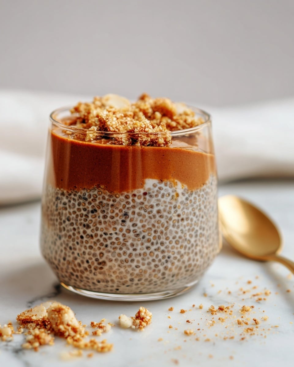 The image shows a clear glass cup with three visible layers. The bottom layer is a smooth reddish-brown sauce, slightly spread unevenly. The middle layer is thick and creamy with small, dark chia seeds spread evenly throughout, giving a grainy texture and a light brown color. On top, there is a thin layer of golden syrup, partly covered by small, crunchy beige nut crumbs that are scattered generously. The glass is placed on a white marbled surface with some crumbs around it, and a gold spoon lies beside the glass. Photo taken with an iphone --ar 4:5 --v 7