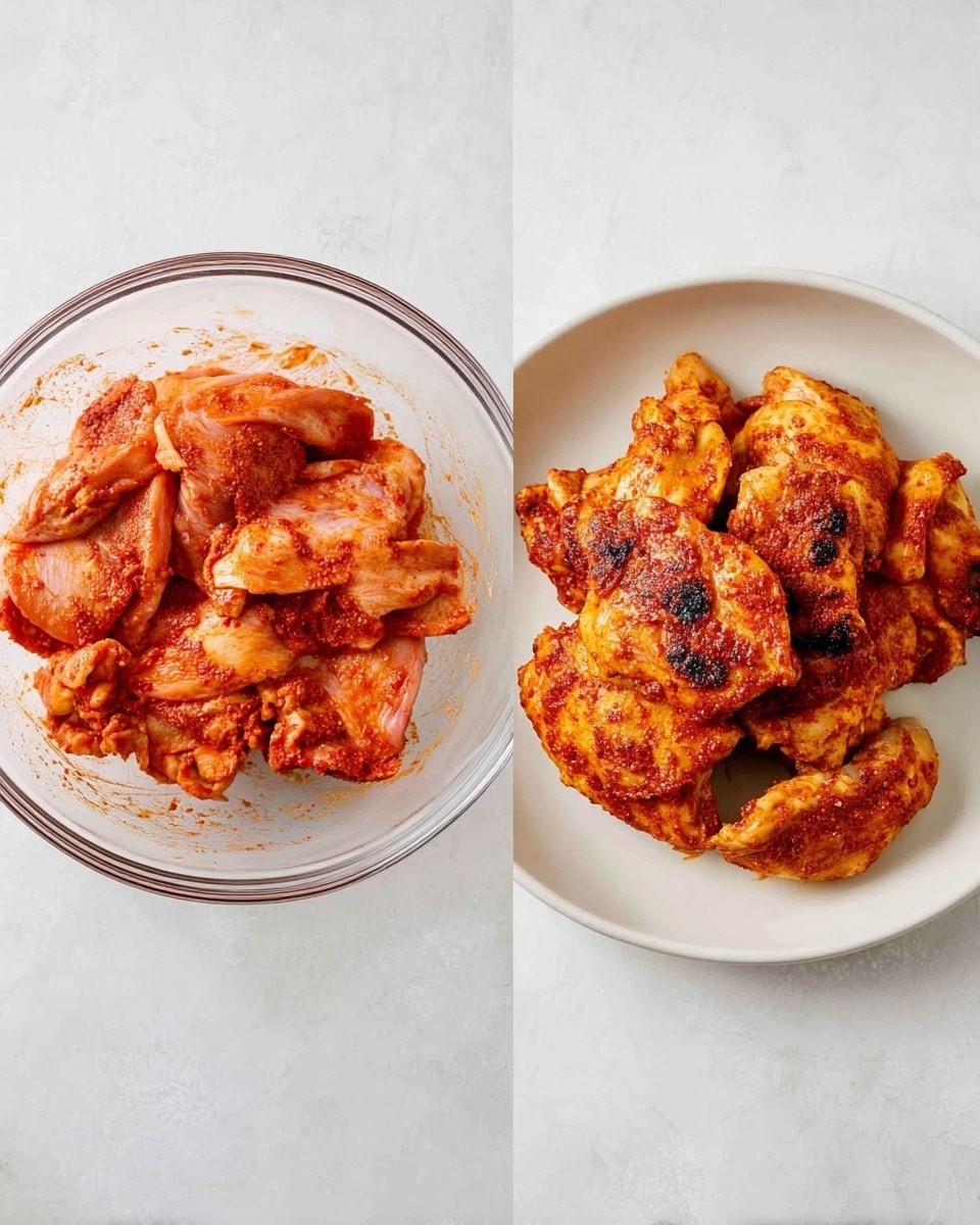 The image shows two parts side by side on a white marbled surface. On the left, there is a clear glass bowl filled with raw chicken thighs covered in a reddish spice mix that gives the chicken a vibrant orange-red color with a slightly shiny texture. On the right, there is a round white plate holding cooked chicken thighs, which are golden-brown with some dark grill marks and a slightly crispy surface, arranged closely and overlapping each other. photo taken with an iphone --ar 4:5 --v 7
