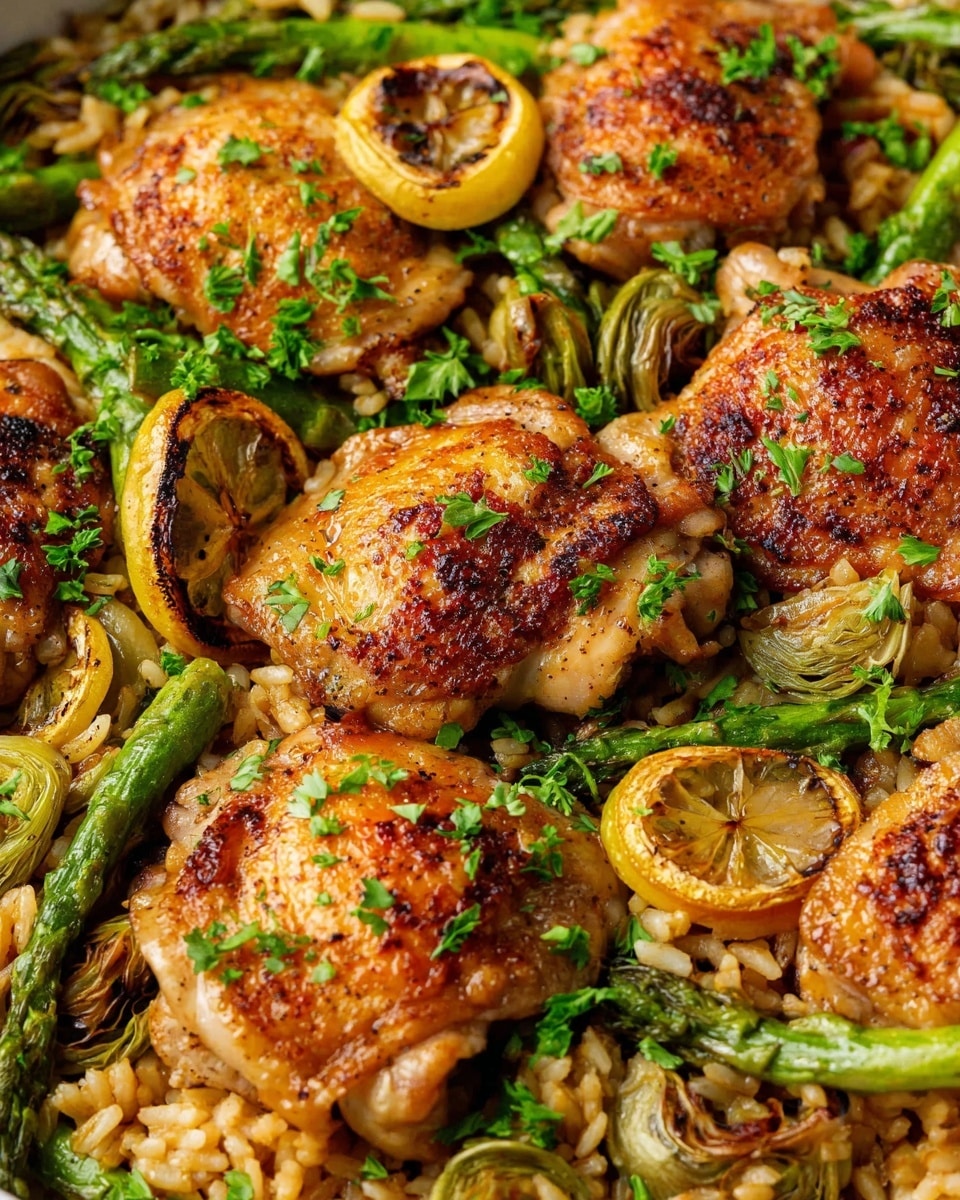 This close-up image shows a dish with several pieces of golden-brown cooked chicken thighs layered on top. Beneath the chicken, there are bright green asparagus spears and browned rice with a light, grainy texture. Scattered lemon slices with a slightly charred look add a pop of yellow color under and around the chicken. The entire dish is sprinkled with fresh green parsley, adding small dots of vibrant green across the warm tones of the chicken and rice. The food rests on a white marbled surface. Photo taken with an iphone --ar 4:5 --v 7