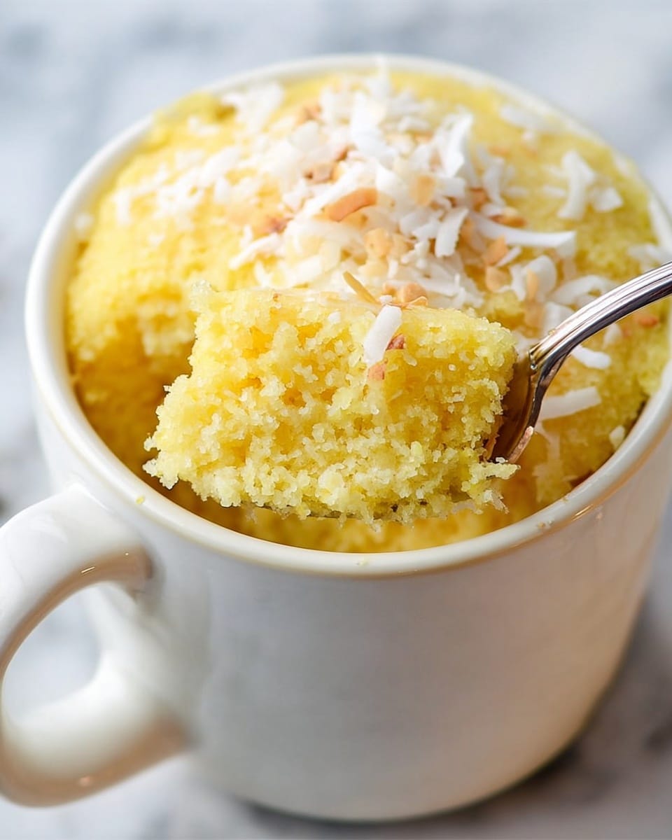 A white mug filled with soft yellow cornbread showing a crumbly texture, topped with shredded white coconut pieces that are spread unevenly over the surface; a spoon lifts a scoop of the moist cornbread close to the camera, showing its fluffy inside, all placed on a white marbled surface. photo taken with an iphone --ar 4:5 --v 7