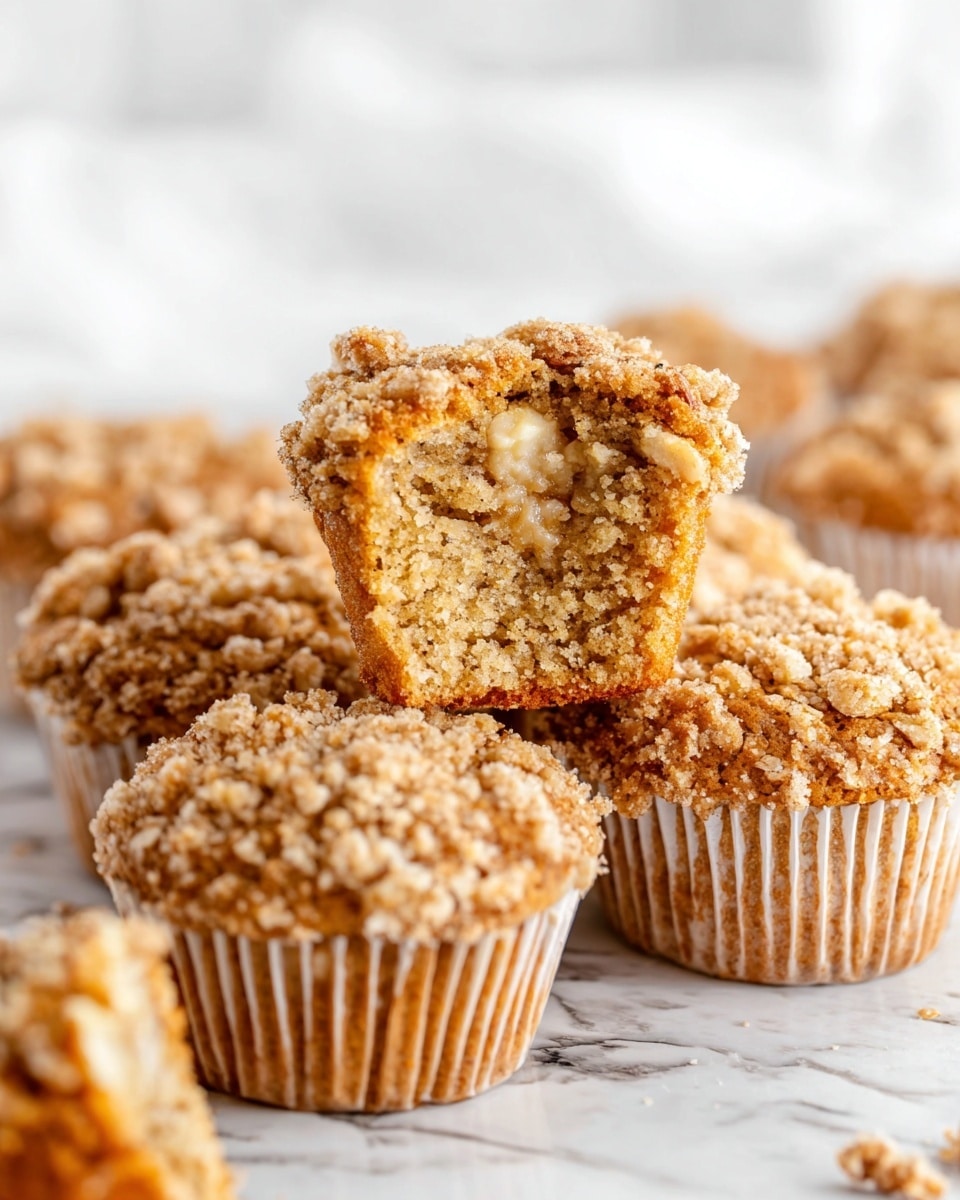 This image shows a group of muffins with a crumbly, oat topping. The muffins have a golden brown color with a rough, crumbly texture on top and a soft, moist inside. One muffin is cut in half and placed on top of the others, showing its light brown inside filled with small bits and a fluffy texture. The muffins are in white paper liners, and they sit on a white marbled surface. The background is bright and softly blurred, making the muffins the main focus. photo taken with an iphone --ar 4:5 --v 7