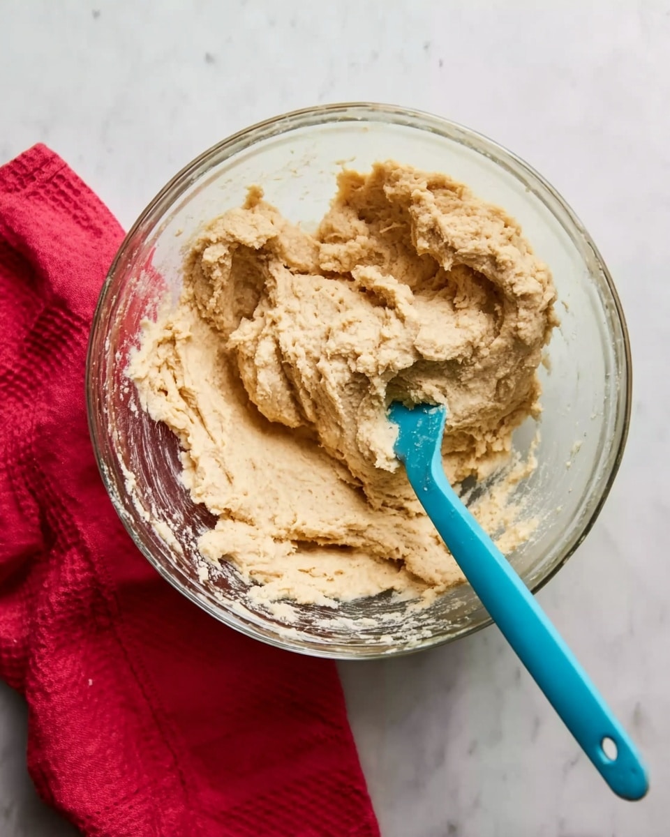A clear glass bowl filled with thick, light tan dough with a slightly rough texture sits on a white marbled surface. Inside the bowl, a blue spatula stirs the dough, its handle resting on the edge of the bowl. To the left side of the bowl, a bright red cloth is folded neatly, adding a splash of color to the scene. The overall look is simple and clean with the focus on the creamy dough and the blue spatula. photo taken with an iphone --ar 4:5 --v 7