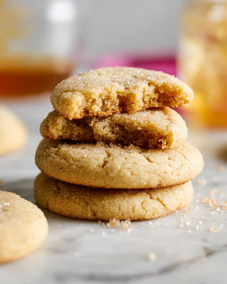 A stack of three soft, light golden brown cookies is placed on a white marbled surface. The bottom cookie is whole and flat with a subtle sugar sparkle on top. Two broken cookies rest on top, showing a moist and crumbly inside texture with a warm beige color. Scattered sugar crystals lay nearby on the surface, and glass and blurred objects faintly appear in the background. photo taken with an iphone --ar 4:5 --v 7