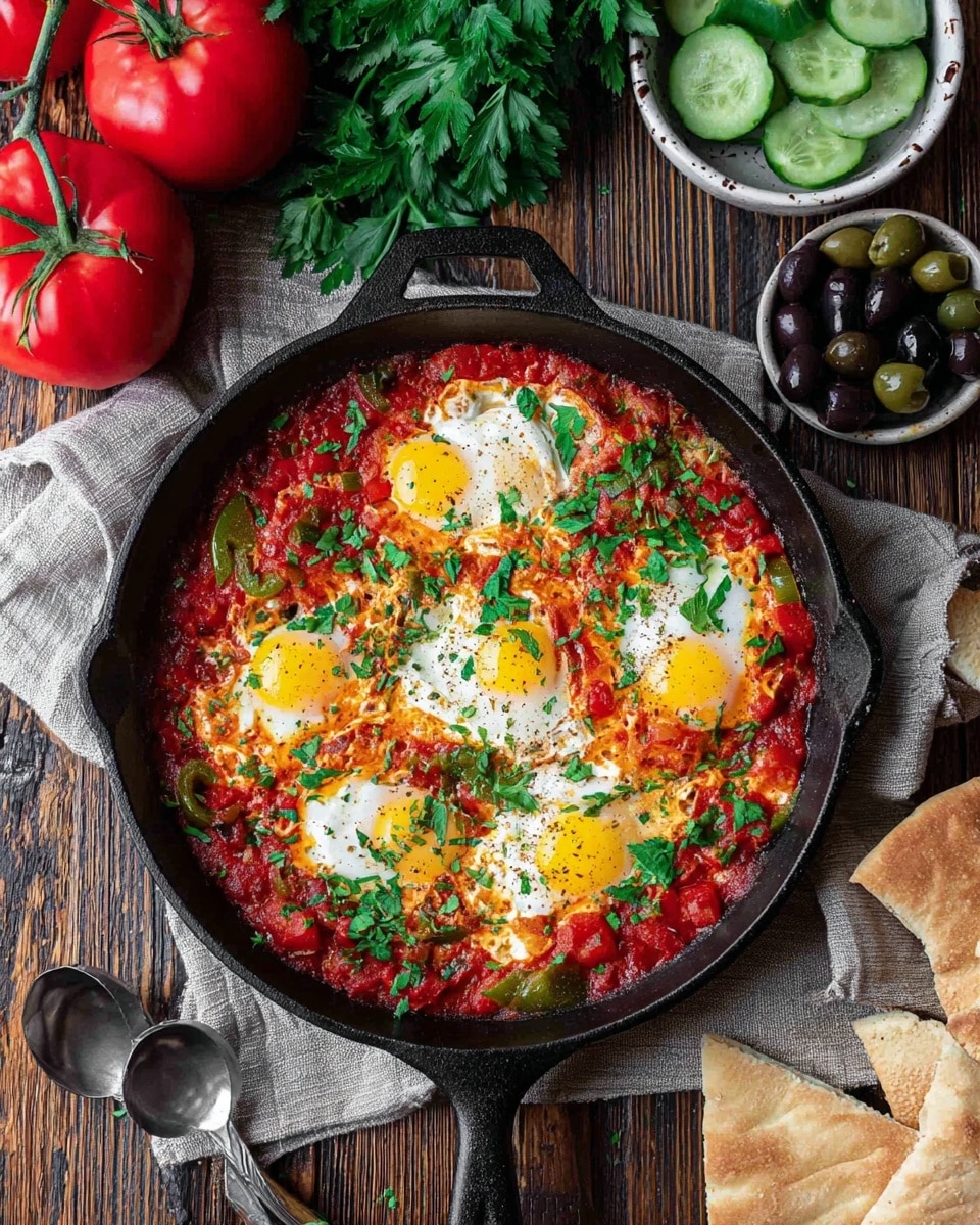 The image shows seven brown eggs stacked inside a white bowl with blue floral patterns placed near the center on a dark wooden surface. Around the bowl, there are five bright red tomatoes, some on a green vine and some loose. To the left of the eggs, three white bowls hold different ingredients: one with chopped white onions, one with chopped green herbs, and the smallest one with three types of ground spices in piles of red, beige, and brown. Fresh green parsley and mint leaves lie beside the bowls and tomatoes. The scene is arranged neatly with a variety of colors and textures. photo taken with an iphone --ar 4:5 --v 7