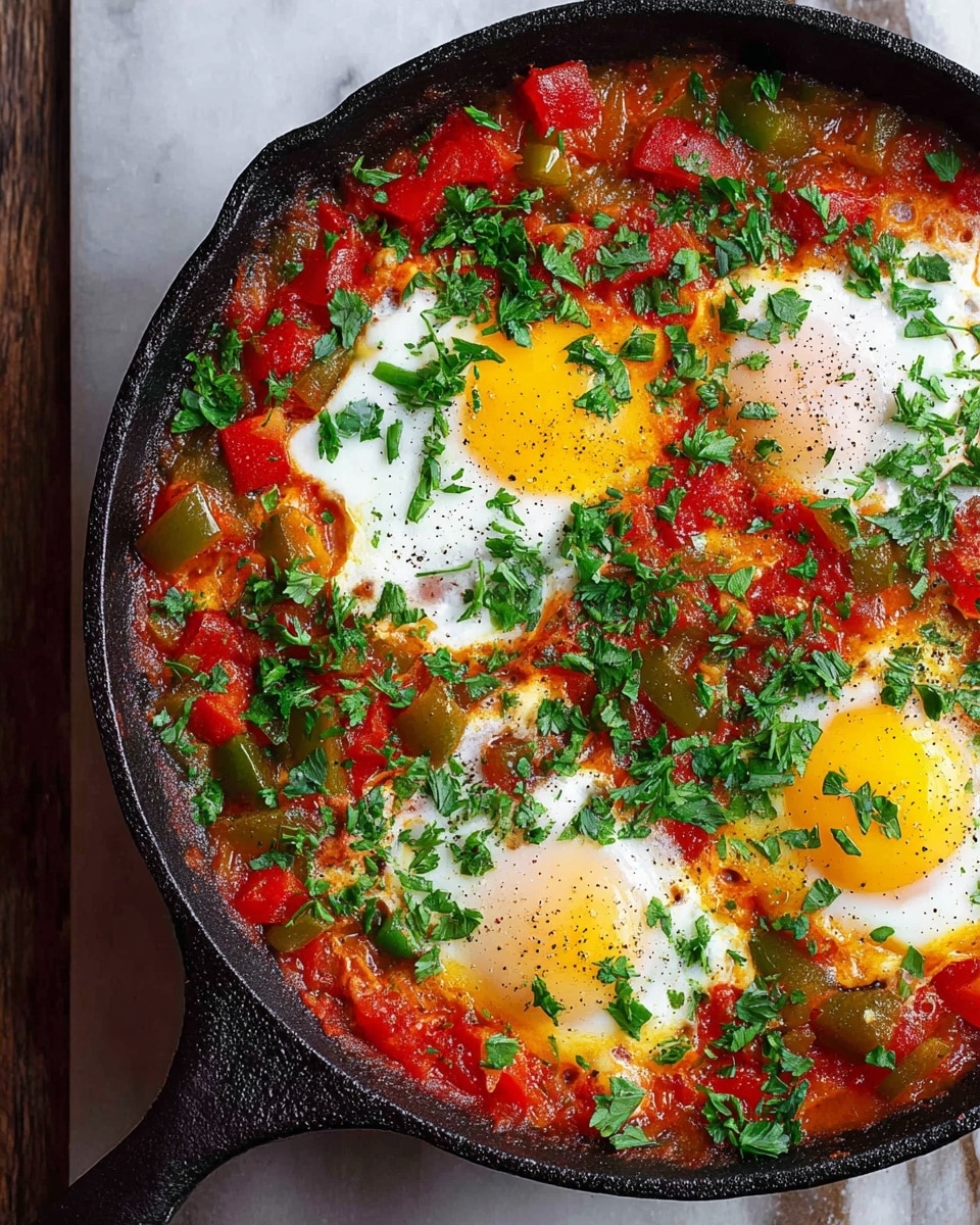 A black cast iron pan on a white marbled surface holds a cooked dish with four sunny yellow egg yolks surrounded by white egg whites. The eggs sit on a bright red tomato base mixed with chopped green and red bell peppers and diced tomatoes, all soft and saucy. The dish is sprinkled with fresh chopped green herbs, creating a fresh contrast of colors over the warm ingredients. Some black pepper is visible on the eggs, adding texture. Photo taken with an iphone --ar 4:5 --v 7