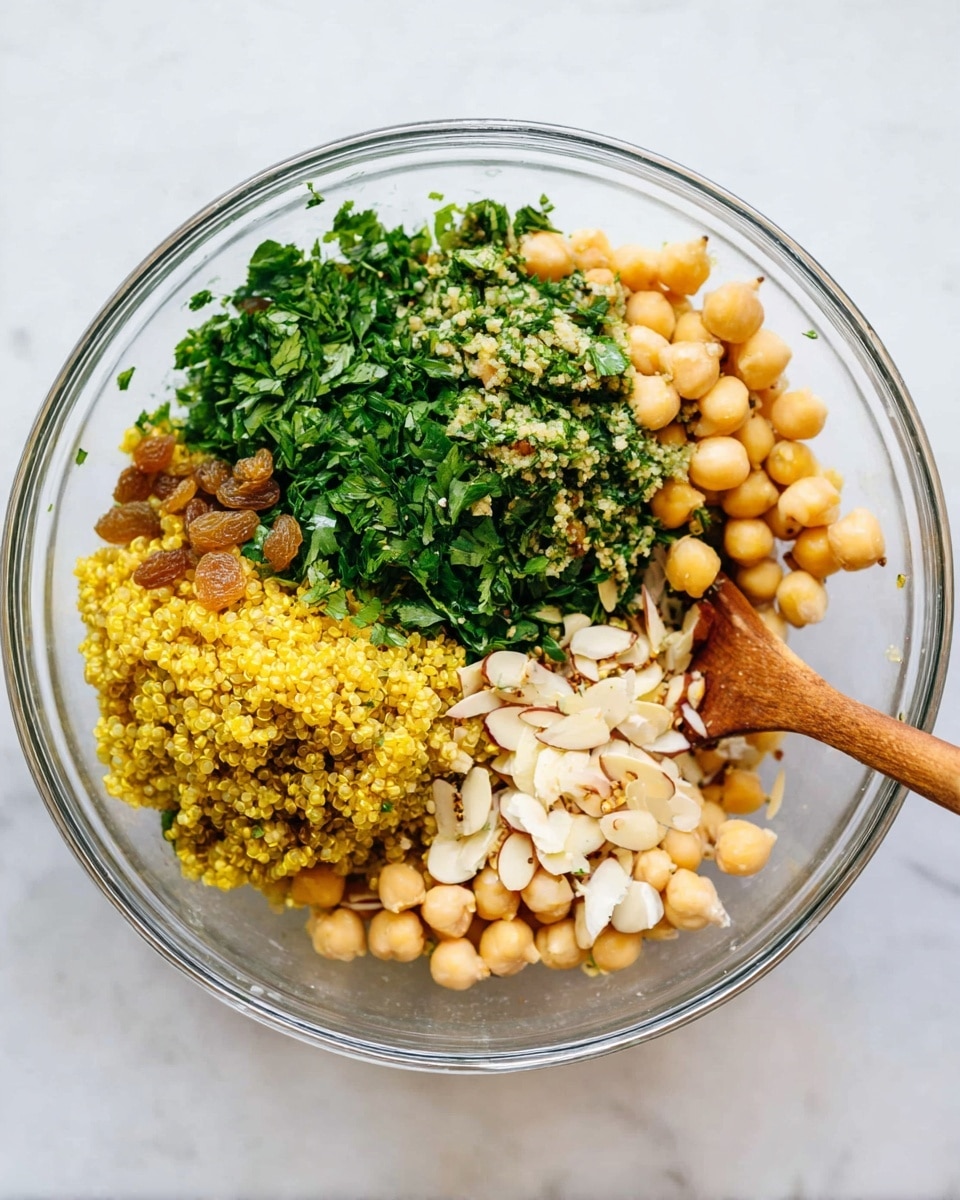 A clear glass bowl sits on a white marbled surface, filled with six layers of ingredients that form a vibrant salad. Starting from the left, there is a small pile of golden yellow quinoa with a slightly grainy texture, next to it golden raisins that add a glossy, wrinkled look. Above the quinoa is a mound of finely chopped fresh green herbs that look leafy and soft. To the right side, there are smooth, light beige chickpeas, topping them are thin, off-white almond slices scattered lightly with a touch of pepper. A wooden spoon with a warm brown color rests inside the bowl on the right side, partially mixing the salad. The entire scene is brightly lit, sharp, and clear, photo taken with an iphone --ar 4:5 --v 7