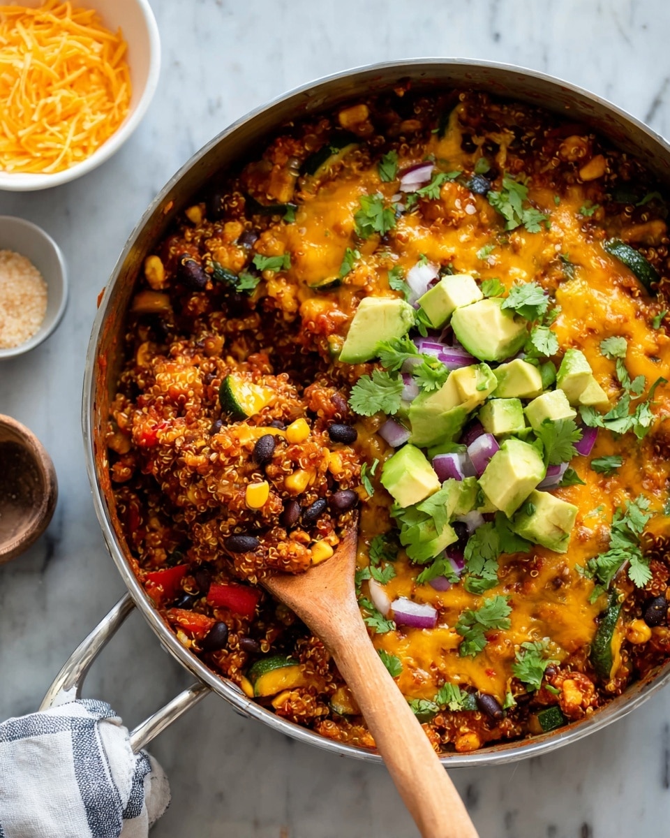 A large silver pan filled with a layered dish starting with a mix of cooked quinoa, black beans, corn, red bell peppers, and zucchini pieces, all mixed together with a reddish sauce. Over this base is a layer of melted orange-yellow cheese that covers most of the dish unevenly. On top, there are chunks of sliced green avocado and small pieces of purple onion along with scattered green cilantro leaves. A wooden spoon scoops some of the rich mix, showing the textured grains and vegetables underneath the cheese. The pan rests on a white marbled surface with a white bowl of shredded orange-yellow cheese and a small dark bowl of salt nearby. Photo taken with an iphone --ar 4:5 --v 7