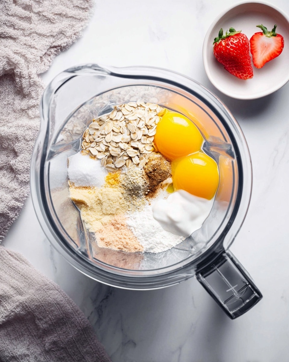 A clear blender jar shows its contents from above, organized in separate piles: light cream-colored oat flakes on the left, two bright yellow egg yolks on the top right side, a dollop of white yogurt near the bottom right, a light beige powder at the bottom left, and a small pile of white powder near the center. There are also small amounts of brown and beige spices sprinkled in between the main ingredients. The blender sits on a white marbled surface next to a soft, gray textured cloth on the left and a small white bowl with two red strawberries on the top right side. One strawberry lies directly on the white marbled surface. photo taken with an iphone --ar 4:5 --v 7