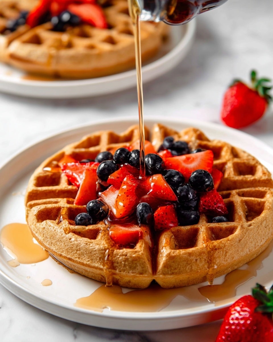 A round golden brown waffle is placed on a white plate, topped with a mix of fresh red strawberry pieces and whole dark blueberries stacked in the center. A stream of amber syrup is being poured over the fruit and waffle, filling the waffle grid pockets and dripping down the side of the plate. In the background, a second white plate holds another waffle with similar fruit on a white marbled surface. A strawberry with green leaves sits in the lower right corner. photo taken with an iphone --ar 4:5 --v 7