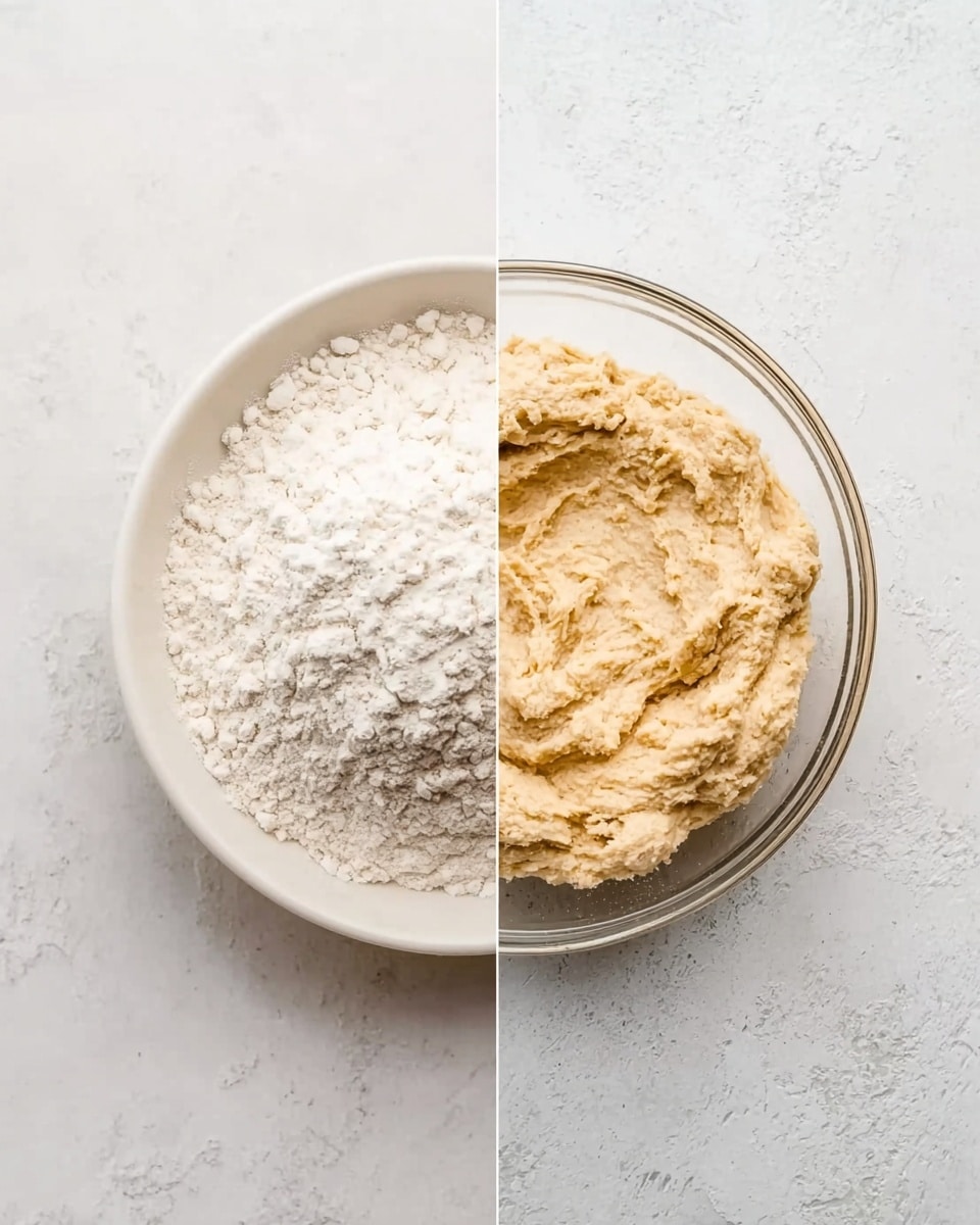 The image shows two side-by-side round bowls on a white marbled surface. The left bowl is white, filled with fine white flour that looks soft and powdery, with a slight dip in the middle. The right bowl is clear glass, holding a thick, creamy dough mixture with a light beige color and a slightly rough texture, filling most of the bowl. photo taken with an iphone --ar 4:5 --v 7