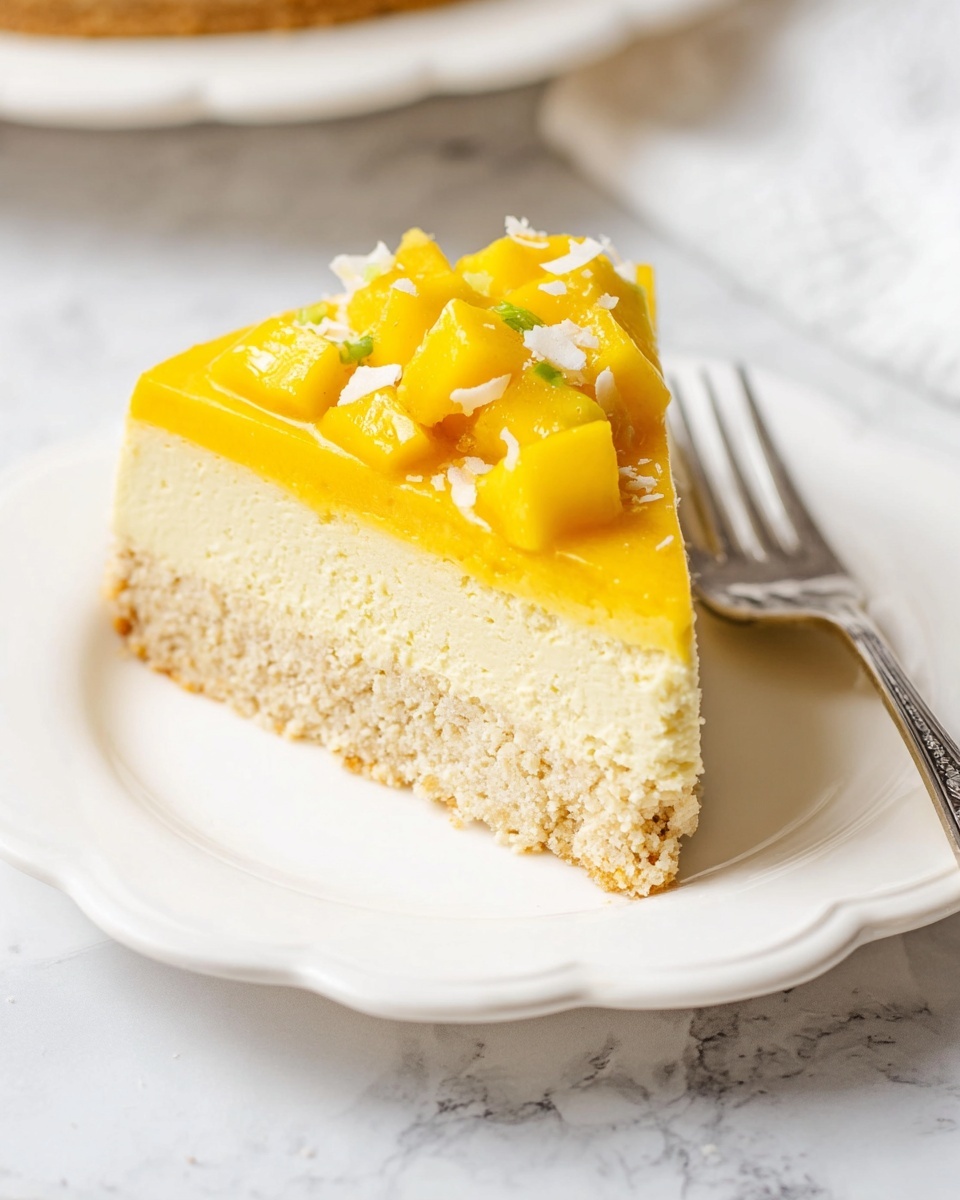 Mango Mousse Cake Recipe 6 A slice of yellow mango cheesecake with two visible layers sits on a white plate with scalloped edges; the bottom layer is thick and crumbly with a light beige color, while the top layer is smooth and creamy in a bright yellow shade. The cheesecake is topped with chunks of fresh yellow mango and small white coconut flakes, adding texture and color contrast. The plate rests on a white marbled surface, and a silver fork is positioned near the bottom right corner of the plate. Photo taken with an iphone --ar 4:5 --v 7