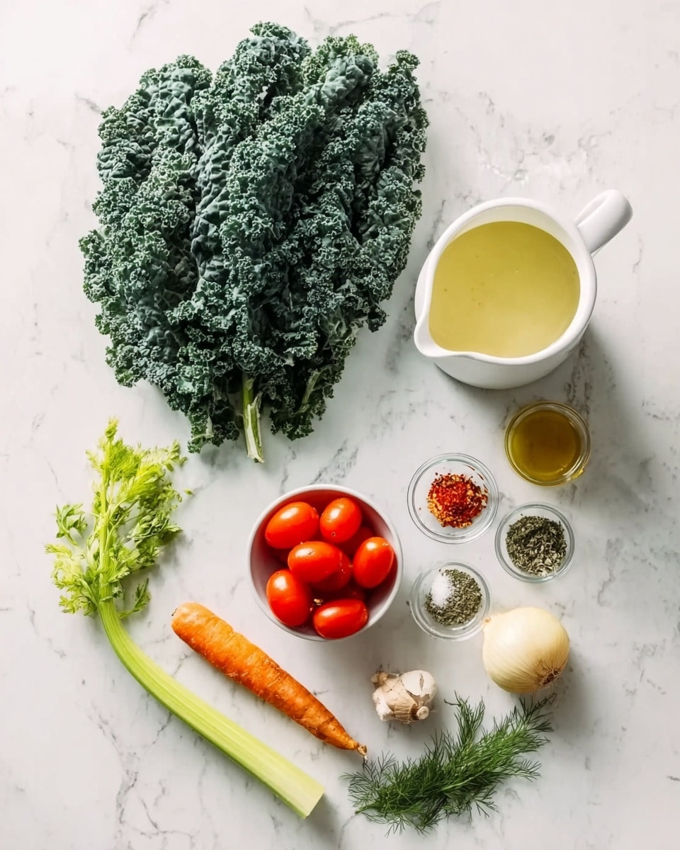 A white marbled surface holds a simple arrangement of fresh ingredients: a large bunch of curly kale with deep green, textured leaves sits in the top left corner; next to it on the right is a clear white pitcher filled with pale yellow broth. Below the kale, a small white bowl is filled with bright red grape tomatoes. Around it are small piles of dried herbs in a tiny white bowl, bright red chili flakes in another tiny white bowl, and a small container of golden olive oil. Also arranged on the surface are a fresh green celery stalk, a whole orange carrot, a rough yellow onion, two small garlic cloves, a small sprig of fresh dill, and a thin sliver of pale ginger. All the ingredients are spread out neatly on the white marbled texture. photo taken with an iphone --ar 4:5 --v 7