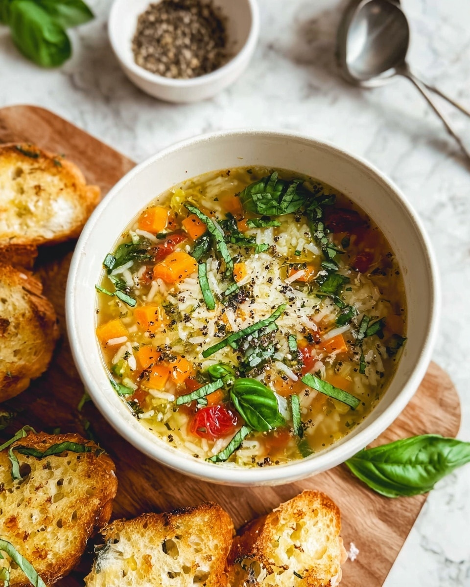 A white bowl filled with clear broth soup, showing layers of diced orange carrots, green leafy herbs, small red tomato pieces, and white rice all mixed together, topped with fresh green basil leaves and a sprinkle of black pepper. The bowl sits on a wooden board with pieces of toasted bread around it, each piece golden brown with a crispy texture. A small white dish with ground black pepper is visible in the background, along with a silver ladle resting on a white marbled surface. Photo taken with an iphone --ar 4:5 --v 7