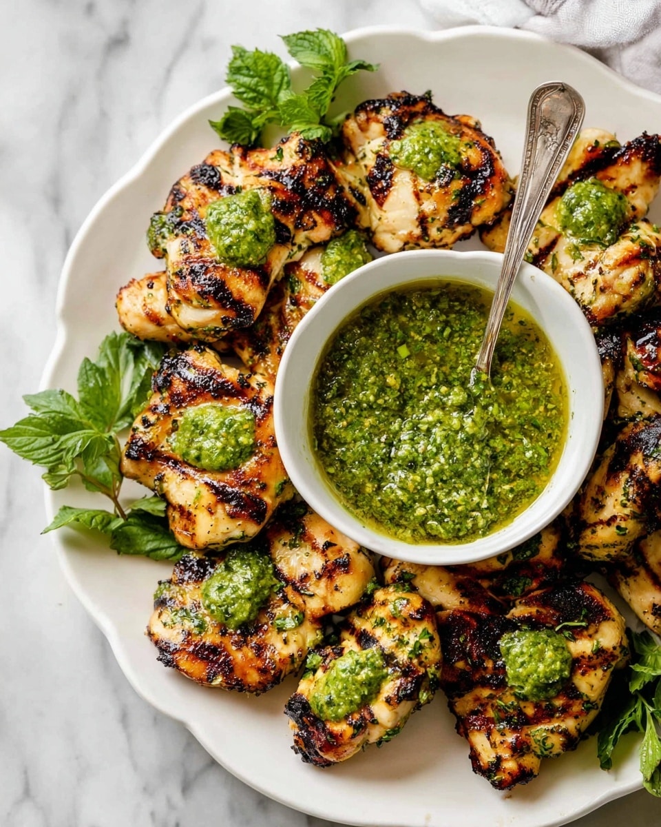A white plate with a pile of grilled chicken pieces that have dark grill marks and a light golden color, each piece topped with small dollops of bright green sauce. In the center of the plate, there is a small white bowl filled with chunky bright green sauce and a silver spoon inside. Fresh green herb leaves are scattered around the edges of the plate. The background and surface are white marbled texture. photo taken with an iphone --ar 4:5 --v 7