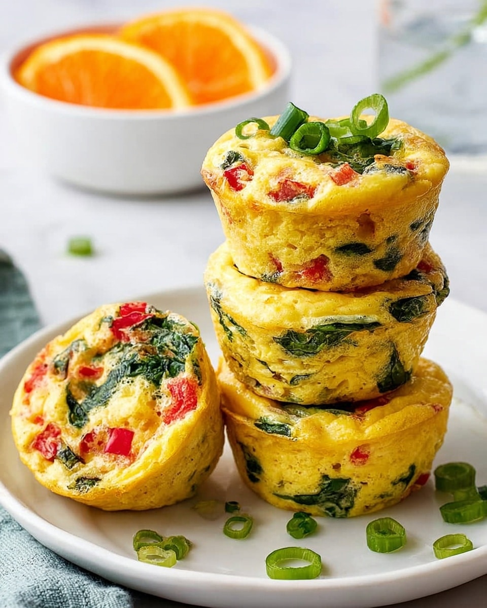 A stack of four yellow mini egg muffins with visible green spinach and red bell pepper pieces sit on a white plate with some green onion slices scattered around. One muffin is split open on the side, showing a soft, fluffy inside filled with the same colorful vegetables. On top of the stack is a whole muffin garnished with fresh green onion pieces. In the background, a white bowl with orange slices and a glass of water appear on a white marbled surface. The photo taken with an iphone --ar 4:5 --v 7