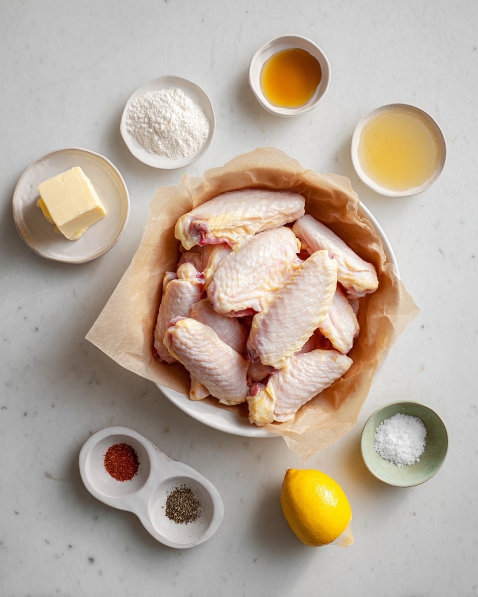 Honey Lemon Pepper Chicken Wings Recipe 5 A white bowl lined with light brown parchment paper holds multiple raw chicken wings arranged in a slightly overlapping pile, showing pale pinkish skin with slight yellow tones. Around the bowl, on a white marbled surface, are seven small dishes and one lemon: a small white dish with three white powders and two light brown powders arranged side by side, a small white dish with a block of light yellow butter, a shallow white dish with golden liquid honey, a small white divided dish with black pepper and white salt, a small pale green dish with white powder, and a whole bright yellow lemon placed below. The composition is neat and evenly spaced, photo taken with an iphone --ar 4:5 --v 7