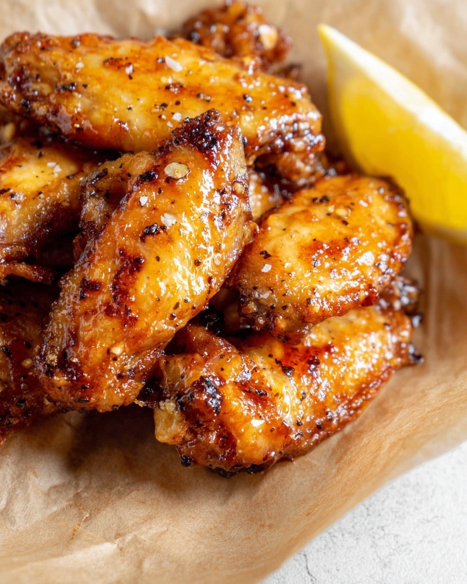 The image shows several golden brown cooked chicken wings with a shiny, slightly sticky glaze that has visible black pepper and garlic pieces on the skin. The wings are stacked closely together on light brown parchment paper, with a small wedge of yellow lemon placed near the top right corner. The texture of the wings is crispy with a slightly wet glaze that reflects light. The background surface is a white marbled texture photo taken with an iphone --ar 4:5 --v 7