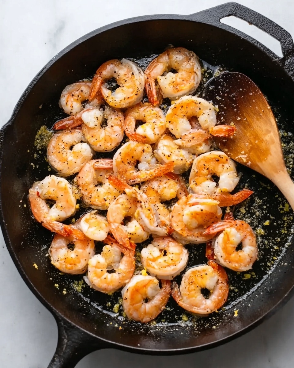 A black cast iron skillet filled with cooked shrimp arranged evenly in a single layer. The shrimp are pinkish-orange with white accents and some visible black pepper seasoning. The skillet has a light oil sheen and bits of minced garlic or lemon zest scattered on the shrimp. A wooden spoon rests on the right edge inside the skillet, with its curved surface partially touching the shrimp. The skillet sits on a white marbled surface. photo taken with an iphone --ar 4:5 --v 7