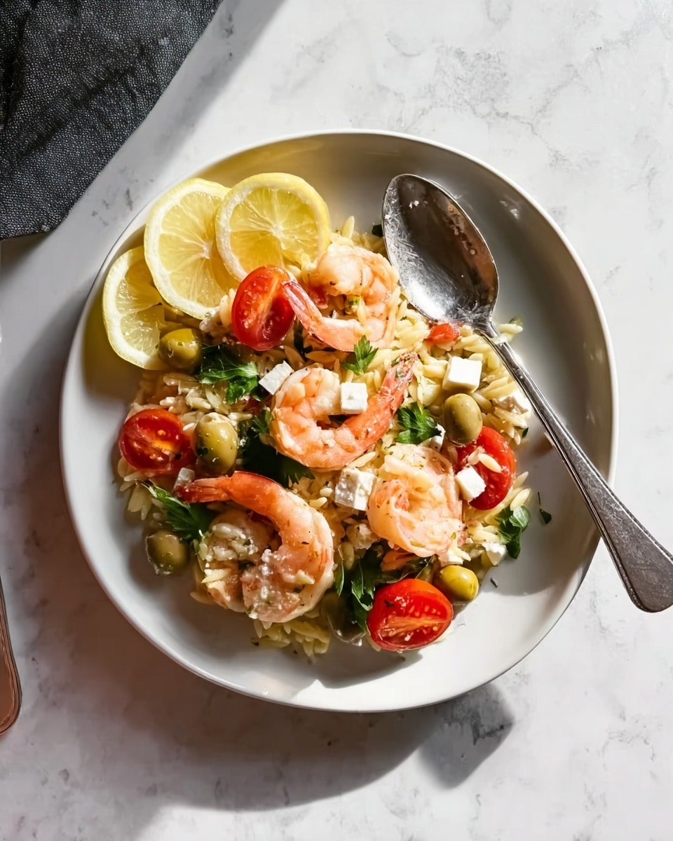 The dish is served on a white plate set on a white marbled surface, showing a layered mix of creamy orzo pasta as the base, topped with several pink shrimp arranged mainly in the center. Around the shrimp, there are cherry tomato halves and green olives scattered, along with small white cubes of feta cheese. Fresh green leaves, possibly parsley, add a touch of green on top, and wedge slices of lemon are placed at the plate's edge. A spoon rests on the side of the plate, spotlighting the mix of ingredients. The lighting highlights the fresh and colorful textures clearly, photo taken with an iphone --ar 4:5 --v 7