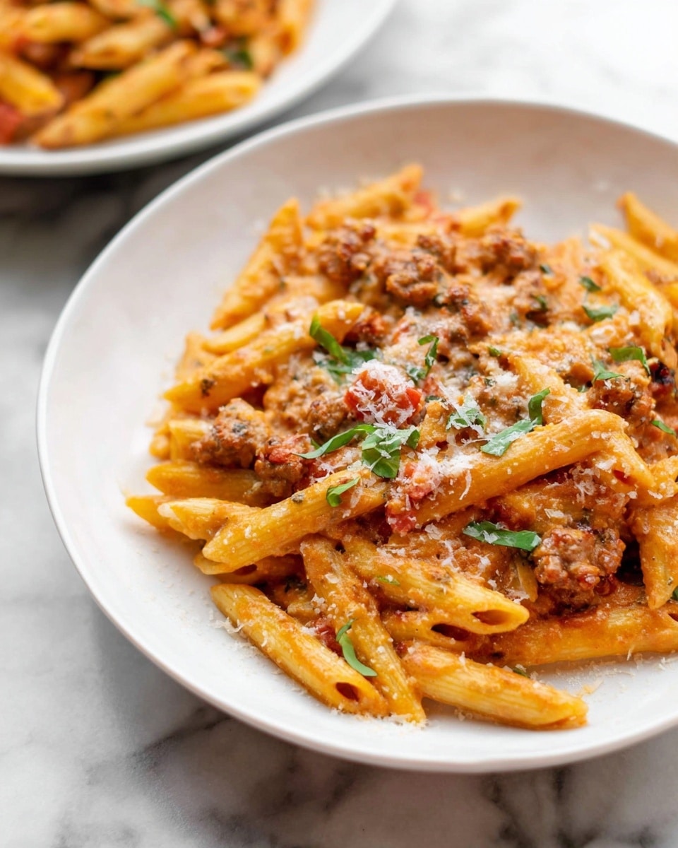 A close-up view of a white plate filled with penne pasta coated in a creamy, orange-red sauce mixed with small pieces of browned sausage and diced tomatoes. The pasta is topped with finely grated white cheese and small, fresh green herb leaves scattered over the dish. The plate rests on a white marbled surface, with another plate of pasta blurred in the background. photo taken with an iphone --ar 4:5 --v 7