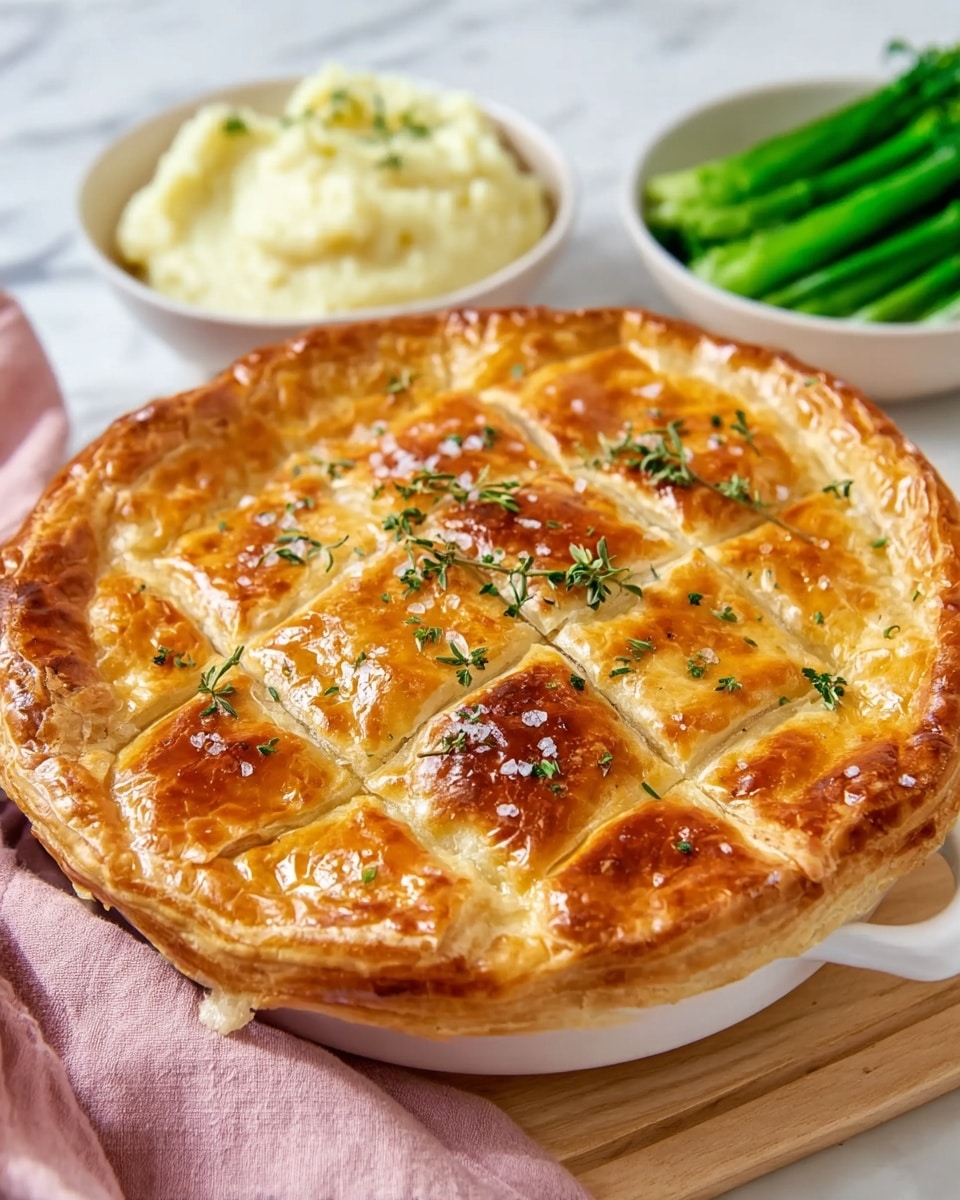A golden brown pie with a shiny, crispy crust covers the top layer, sprinkled with coarse salt and small green herb leaves. The crust shows a pattern of squares and is thick and flaky around the edge, sitting on a white round dish with two handles. In the background, a white bowl holds creamy mashed potatoes with a smooth texture, and another white dish contains bright green steamed broccoli stalks. All items are placed on a light wooden board with a pink cloth on the side, on top of a white marbled surface. Photo taken with an iphone --ar 4:5 --v 7