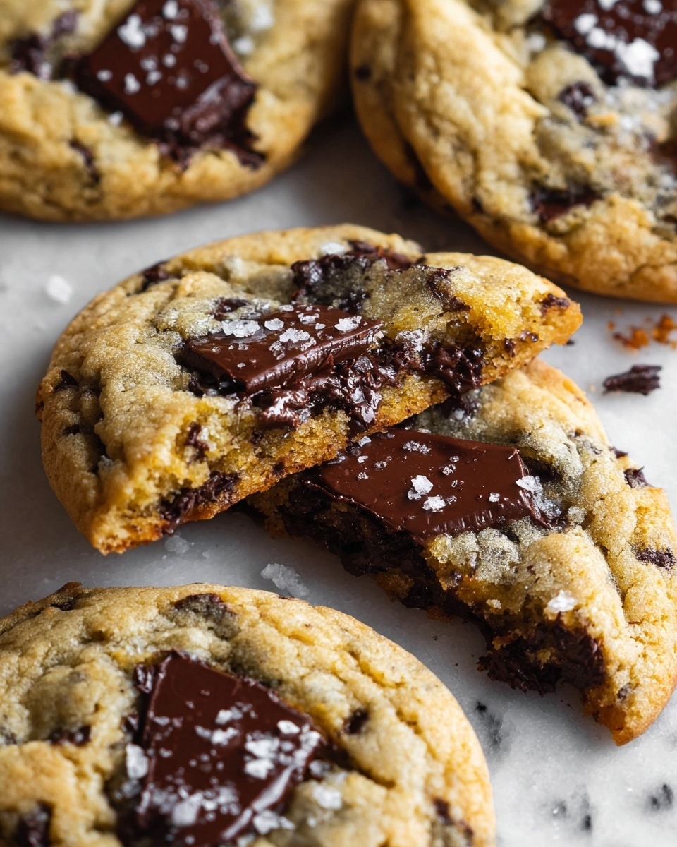 The image shows several thick, soft chocolate chip cookies on a white marbled surface. Each cookie has a light golden brown color with large, melted dark chocolate chunks that glisten and have a slightly shiny texture. One cookie is broken in half and placed on top of others, revealing a moist, chewy inside with visible dark chocolate pieces throughout. Flakes of salt are scattered on top of the cookies, adding a contrast with their white color and crystalline texture. photo taken with an iphone --ar 4:5 --v 7