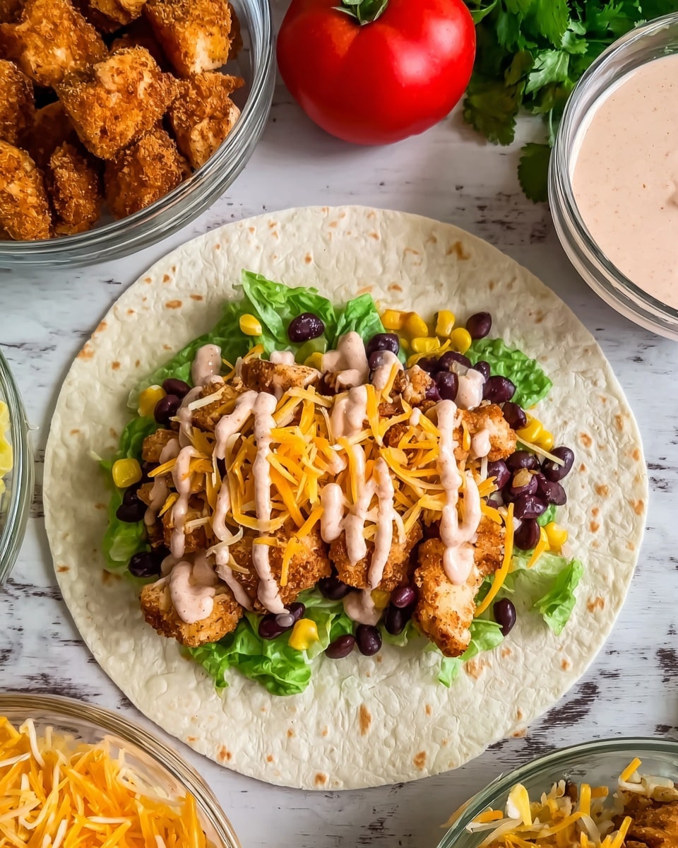 A white flour tortilla lies flat on a white marbled surface, layered with fresh green lettuce leaves as the base. On top of the lettuce, there is a mix of black beans and yellow corn, adding pops of dark and bright colors. Golden brown crispy chicken pieces are placed over the beans and corn. A layer of shredded orange cheddar cheese is sprinkled across the chicken. Finally, a light pink creamy sauce is drizzled unevenly over the top, blending slightly into the surrounding layers. Around the tortilla, clear glass bowls contain more crispy chicken, shredded cheddar cheese, and a mix of black beans and corn. A fresh red tomato and green lettuce leaves are seen in the background. Photo taken with an iphone --ar 4:5 --v 7
