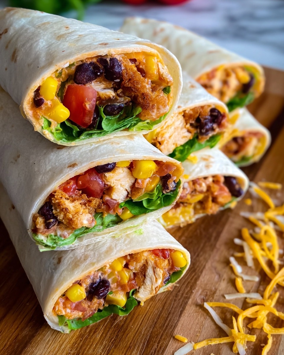 A close-up image of several tortilla wraps cut in half and stacked on a wooden board, showing four visible pieces. Each wrap has a white soft outer tortilla. Inside, there are multiple layers including crispy golden-brown fried chicken pieces, bright yellow corn kernels, shredded orange cheese, black beans, fresh green lettuce, and chunks of red tomato. The filling looks fresh and colorful with a mix of textures from crunchy to soft. The white marbled background is slightly blurred. Loose shredded cheese is scattered on the wooden board around the wraps. Photo taken with an iphone --ar 4:5 --v 7