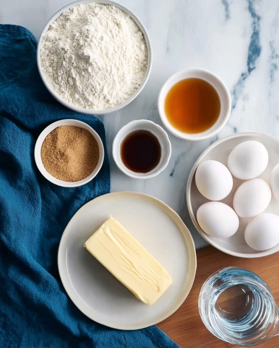 A white plate holds a solid pale yellow stick of butter as the central focus, surrounded by bowls of ingredients on a white marbled surface. There is a small white bowl with brown sugar, another small white bowl with a dark amber liquid, a white bowl full of white flour, and a white plate with three white eggs. A clear glass pitcher filled with water is also visible at the edge. A deep blue cloth partly covers the surface beneath some of the bowls. photo taken with an iphone --ar 4:5 --v 7