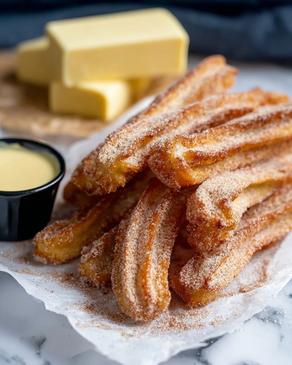 A pile of golden-brown churros covered with a light dusting of cinnamon sugar rests on white parchment paper over a white marbled surface. The churros have a ridged texture with slightly crisp edges, stacked in a casual, slightly leaning manner. Behind the churros, there is a small black cup filled with a smooth, light yellow creamy sauce, and a stack of pale yellow butter squares blurred in the background. The photo has a close-up view with soft natural lighting. Photo taken with an iphone --ar 4:5 --v 7