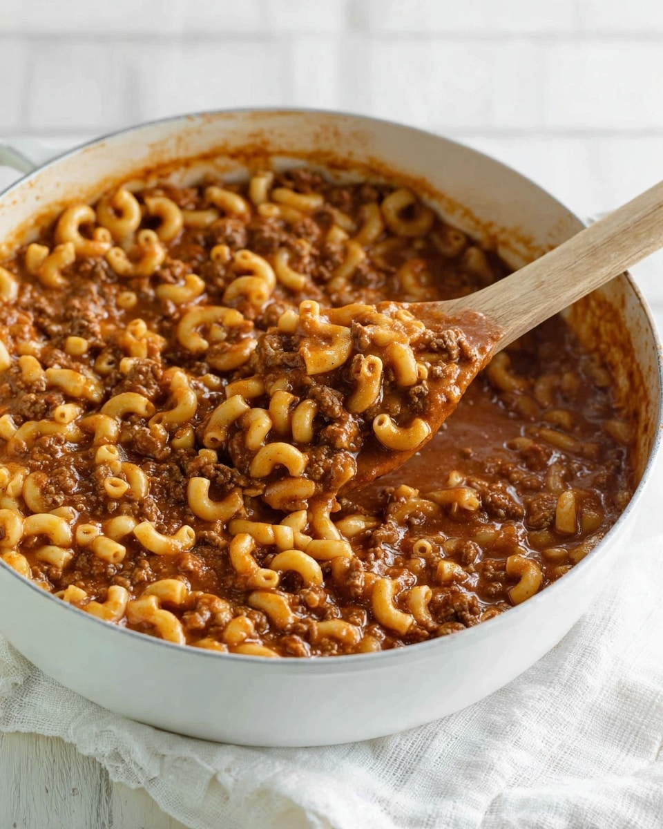 A white pan filled with one main layer of elbow macaroni pasta mixed well with a thick, rich brown-red sauce containing small pieces of ground meat. A wooden spoon is inside the pan, lifting some of the pasta and sauce mixture. The pan is placed on a white cloth on a white marbled surface, with a softly lit white brick wall in the background. Photo taken with an iphone --ar 4:5 --v 7