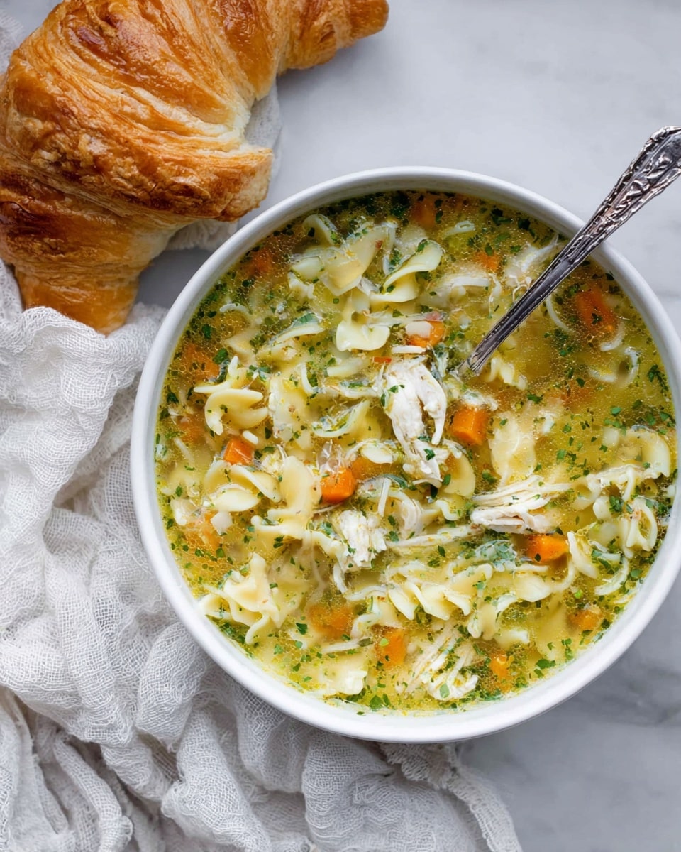 A white bowl filled with clear broth soup that has soft yellow pasta pieces, shredded white chicken, small orange carrot cubes, and finely chopped green herbs floating throughout. A silver spoon with a detailed handle rests inside the bowl, scooping some pasta and chicken. Next to the bowl, there is a torn golden brown croissant on a white marbled surface with a white loosely textured fabric underneath the bowl. photo taken with an iphone --ar 4:5 --v 7
