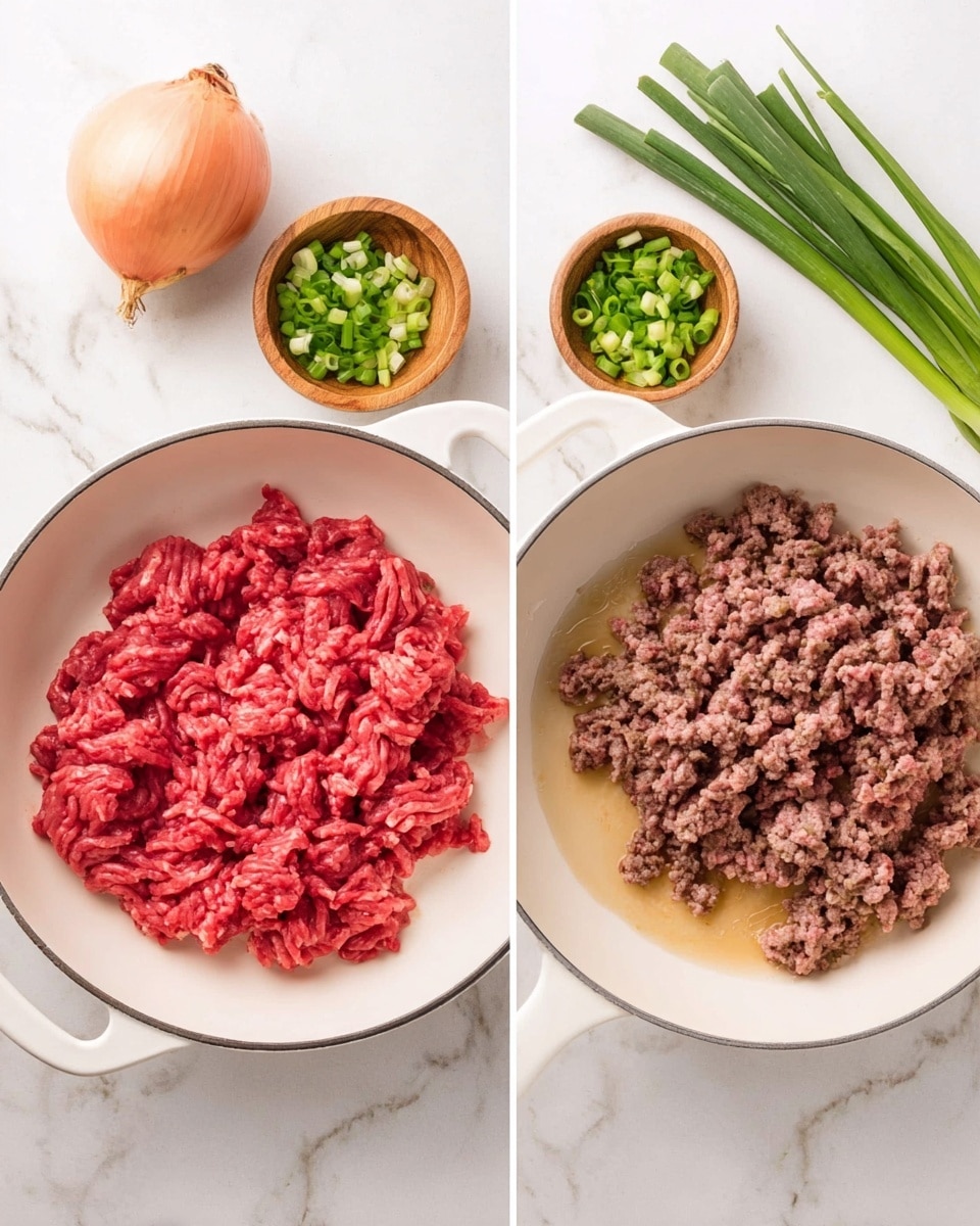 The image shows two white pans on a white marbled surface side by side. The left pan contains raw ground beef, bright red in color with a soft, uneven texture piled in the center. The right pan holds cooked ground beef, brown with some pinkish patches and a crumbly texture, spread evenly with some liquid in the center. Around the pans, there is a whole yellow onion, a wooden bowl of chopped green onions, and a bunch of fresh green onions arranged neatly. Photo taken with an iphone --ar 4:5 --v 7