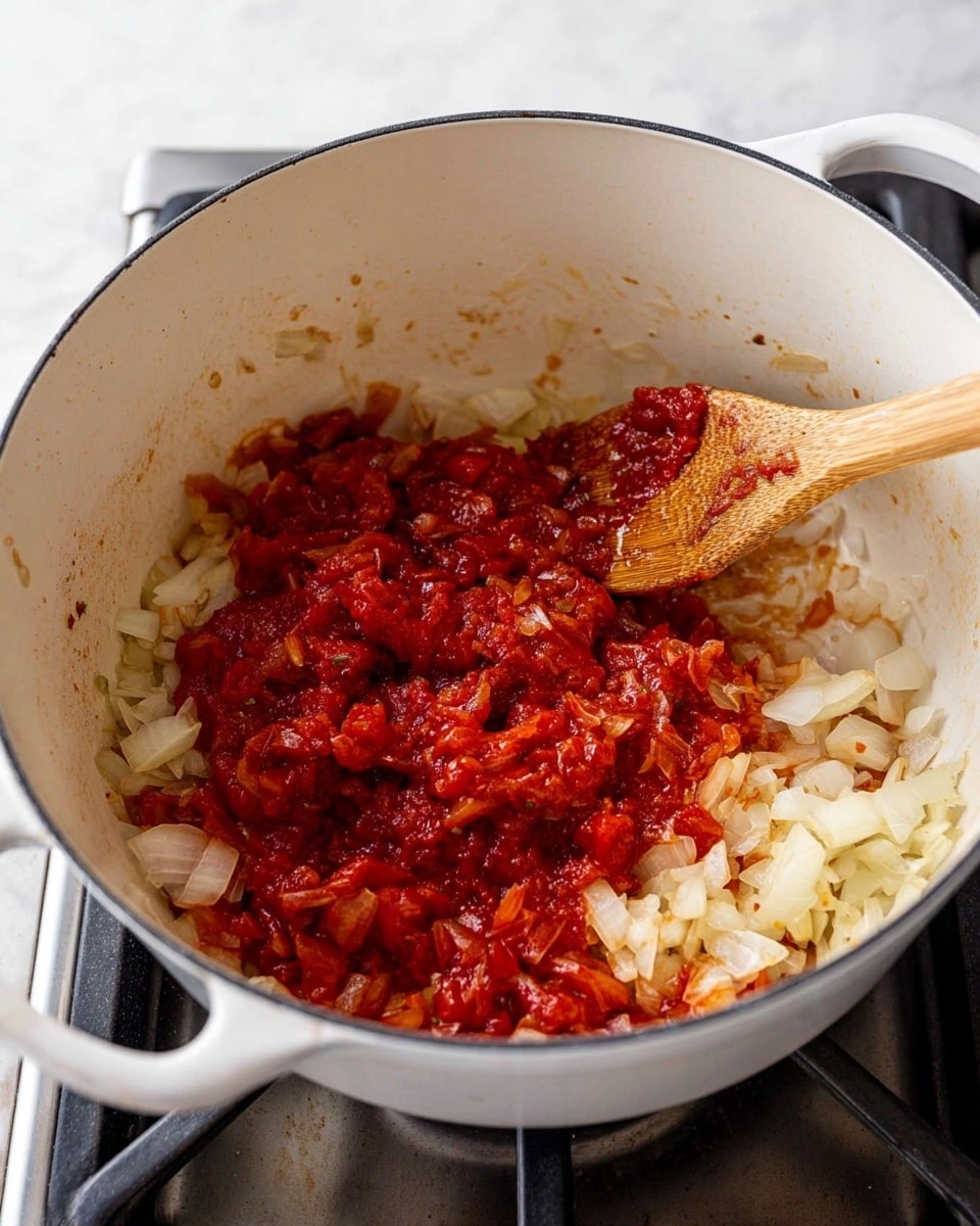 The image shows a white pot on a stove with a wooden spoon stirring a mixture of cooked onions and a thick red sauce inside. The dish has two main layers: the bottom layer is soft, translucent cooked onions, and the top layer is a bright red, chunky tomato-based sauce. The sauce sticks slightly to the sides of the pot, showing a rich texture, while the cooked onions add a light, pale contrast. The wooden spoon is dipped in the mixture, with its tip covered by the red sauce and onions. The stove top and surroundings have a clean, functional look with a white marbled surface visible. Photo taken with an iphone --ar 4:5 --v 7