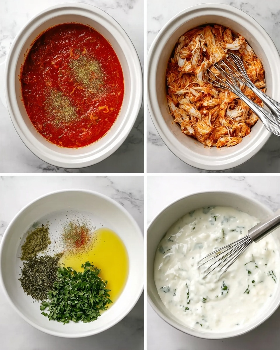 The image shows four stages of making shredded chicken in a white slow cooker and white bowls on a white marbled surface. Top left is the slow cooker filled with pieces of chicken in red sauce with some spices sprinkled on top. Top right shows the finished shredded chicken inside the white slow cooker, with two silver forks resting on the chicken. Bottom left is a white bowl with different green herbs, white sauce, and yellow spice all separated inside it. Bottom right is the same white bowl now filled with smooth, mixed creamy white sauce with green specks and a silver whisk resting inside. Photo taken with an iphone --ar 4:5 --v 7