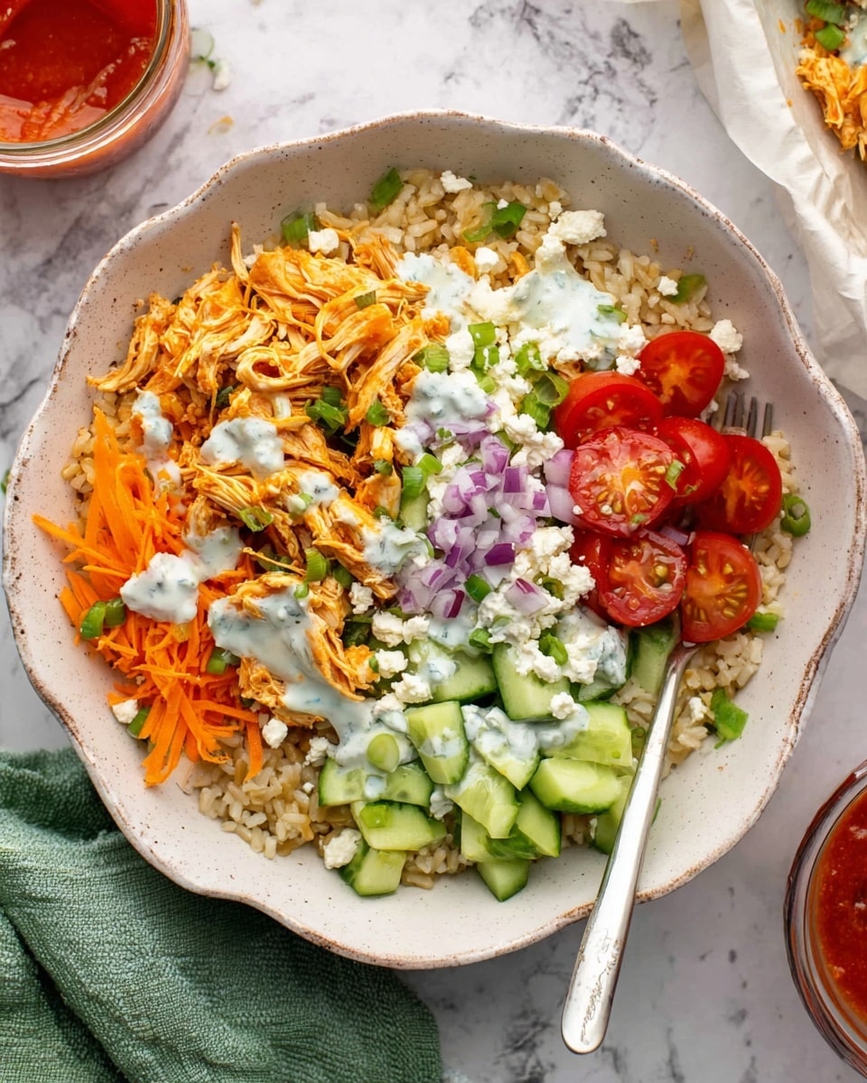 The dish is served in a white bowl with scalloped edges. The base layer is light brown rice spread evenly. On top, shredded orange chicken is placed on one side. Next to it, bright green cucumber pieces are stacked in small cubes. There is a pile of thin, orange shredded carrots beside the cucumber. Halved red cherry tomatoes are arranged near the chicken. Small crumbles of white cheese are scattered across the vegetables. Finely chopped red onions and green onion slices are sprinkled over the top. A white creamy sauce is drizzled unevenly over everything. A fork with a white handle rests inside the bowl on the right side. The bowl sits on a white marbled surface with a green cloth nearby and a glass container with red sauce partially visible. Photo taken with an iphone --ar 4:5 --v 7