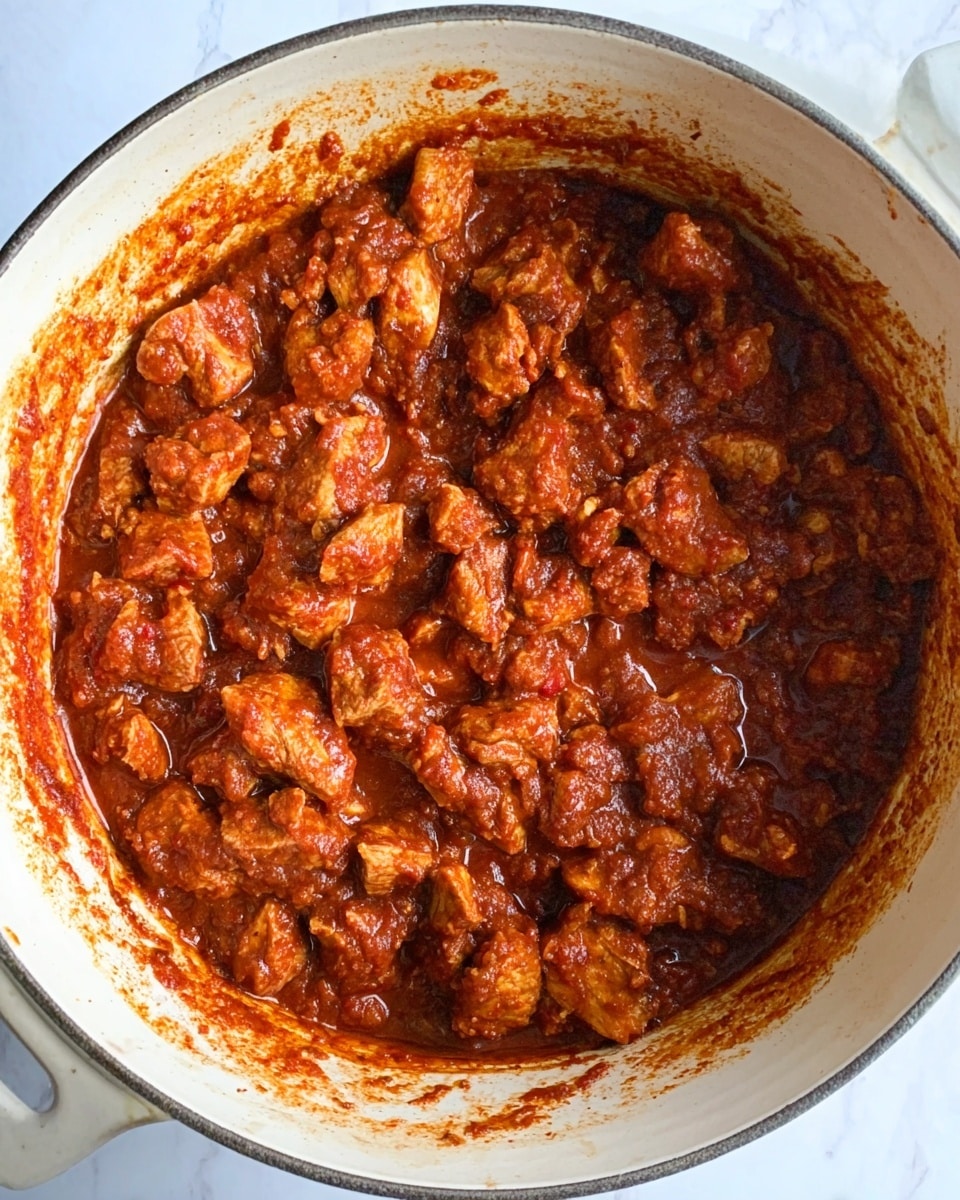 A close-up top view of a white pot filled with a thick, chunky tomato-based stew with pieces of cooked meat evenly mixed throughout. The stew has a rich red-brown color with visible sauce coating the meat chunks, and the sides of the pot show stains of the sauce. The pot is placed on a white marbled surface. Photo taken with an iphone --ar 4:5 --v 7