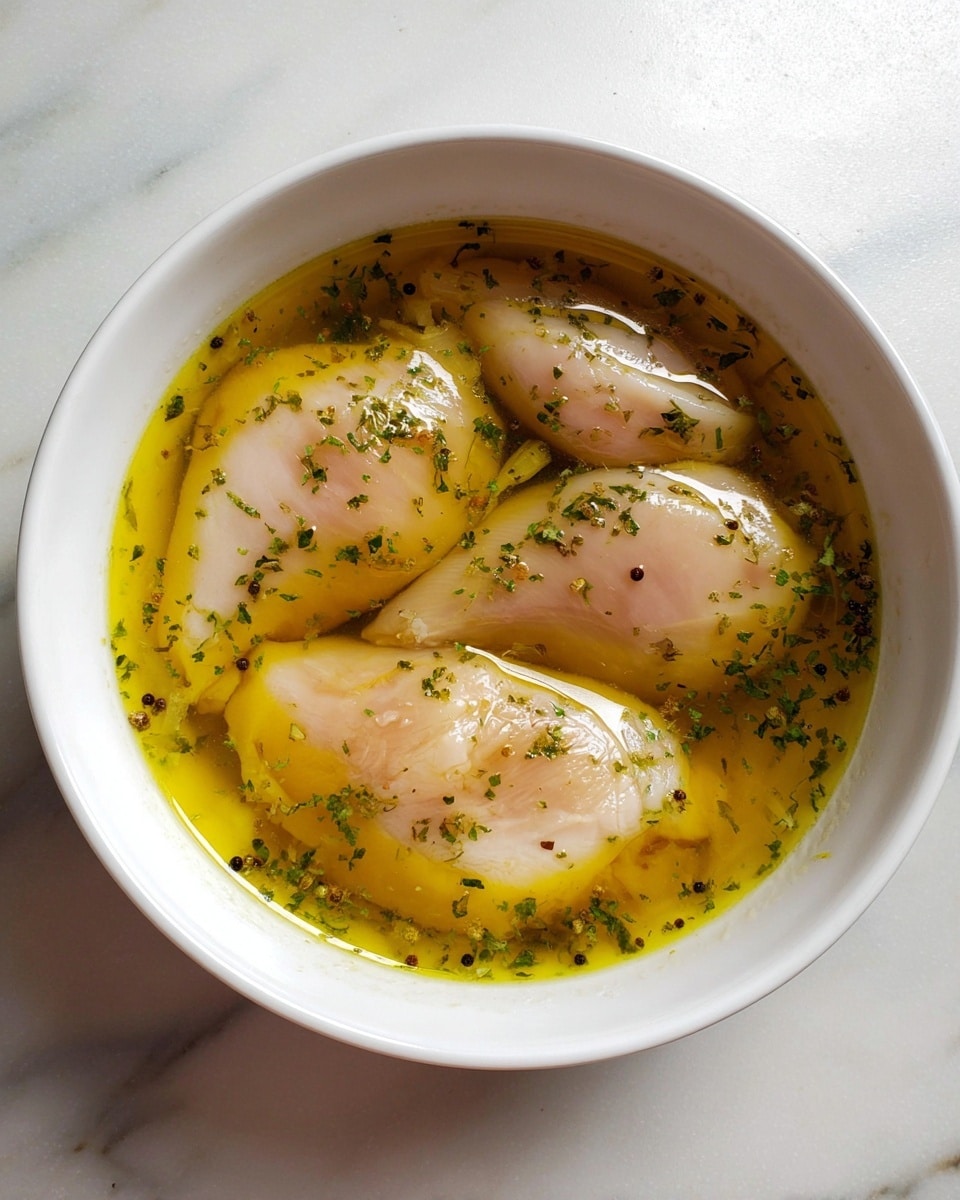 A white bowl contains three pieces of raw chicken meat submerged in a yellow marinade liquid. The marinade has visible green herbs and small black pepper specks floating around, giving it a fresh and seasoned look. The chicken pieces are pale pink and smooth, partially covered by the shiny marinade. The bowl is placed on a white marbled surface. photo taken with an iphone --ar 4:5 --v 7
